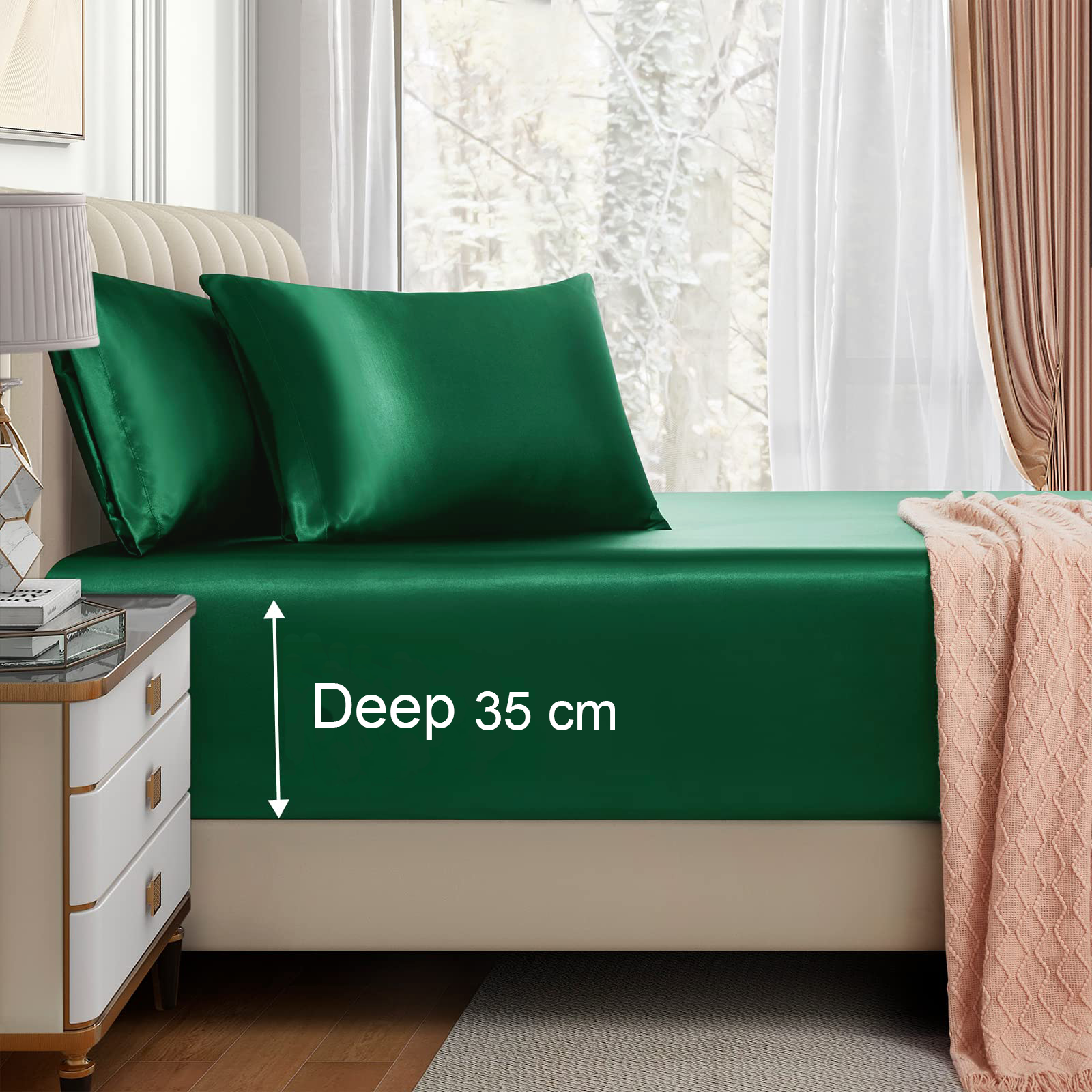 Satin Fitted Sheet Set Hotel 3 Pieces Fitted Sheet with Pillowcase, Art Silk Bedding Set-Luxury Soft Silky Sheets for Hair and Skin, Similar to Silk Fitted Sheets Set 3 Pieces(Queen,Green)