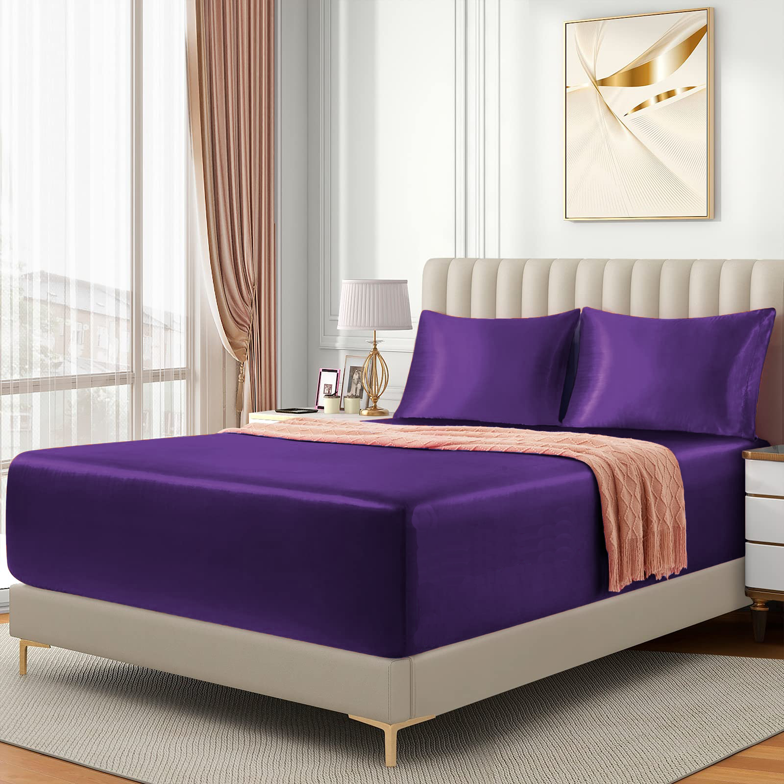 Satin Fitted Sheet Set Hotel 3 Pieces Fitted Sheet with Pillowcase, Art Silk Bedding Set-Luxury Soft Silky Sheets for Hair and Skin, Similar to Silk Fitted Sheets Set 3 Pieces(Queen,Purple)