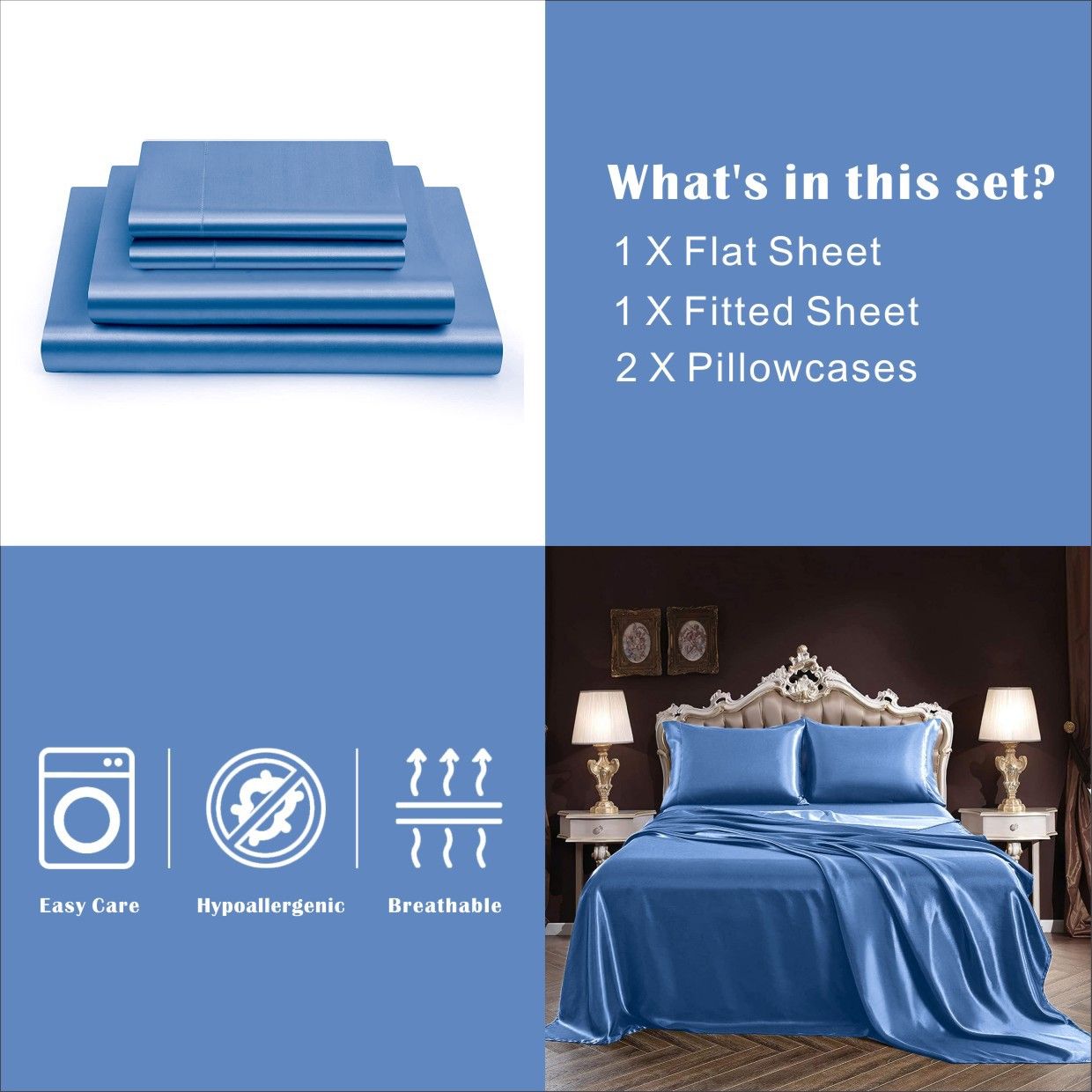 Art Silk Satin Sheet Set Hotel 4 Pieces Fitted/Flat Sheet Bedding Set-Luxury Soft Silky Sheets for Hair and Skin, Similar to Silk Bed Sheets Set 4 Pieces(Queen,Ocean)