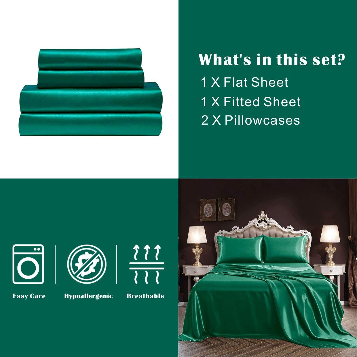 Art Silk Satin Sheet Set Hotel 4 Pieces Fitted/Flat Sheet Bedding Set-Luxury Soft Silky Sheets for Hair and Skin, Similar to Silk Bed Sheets Set 4 Pieces(Queen,Green)