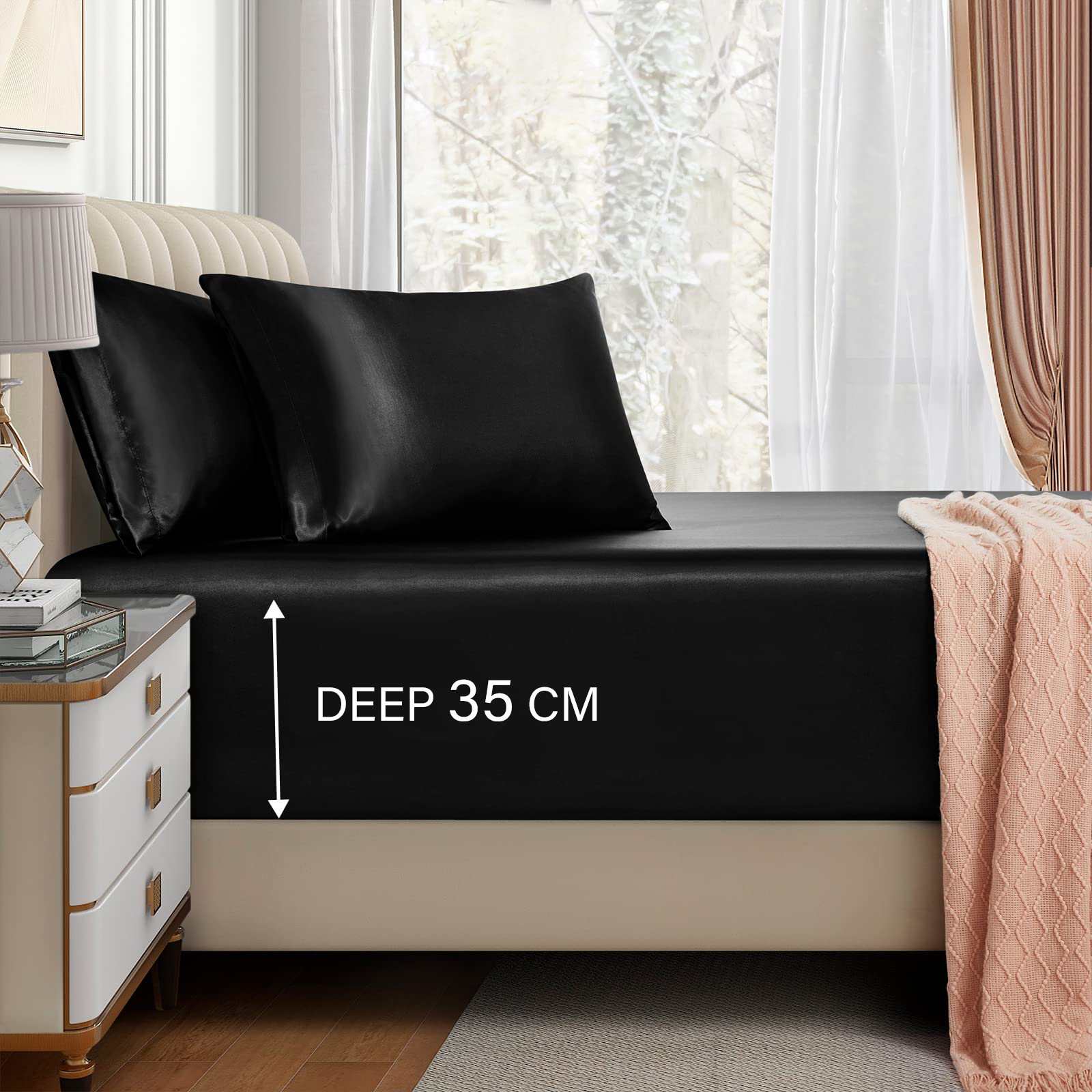 Satin Fitted Sheet Set Hotel 3 Pieces Fitted Sheet with Pillowcase, Art Silk Bedding Set-Luxury Soft Silky Sheets for Hair and Skin, Similar to Silk Fitted Sheets Set 3 Pieces(Super King,Black)
