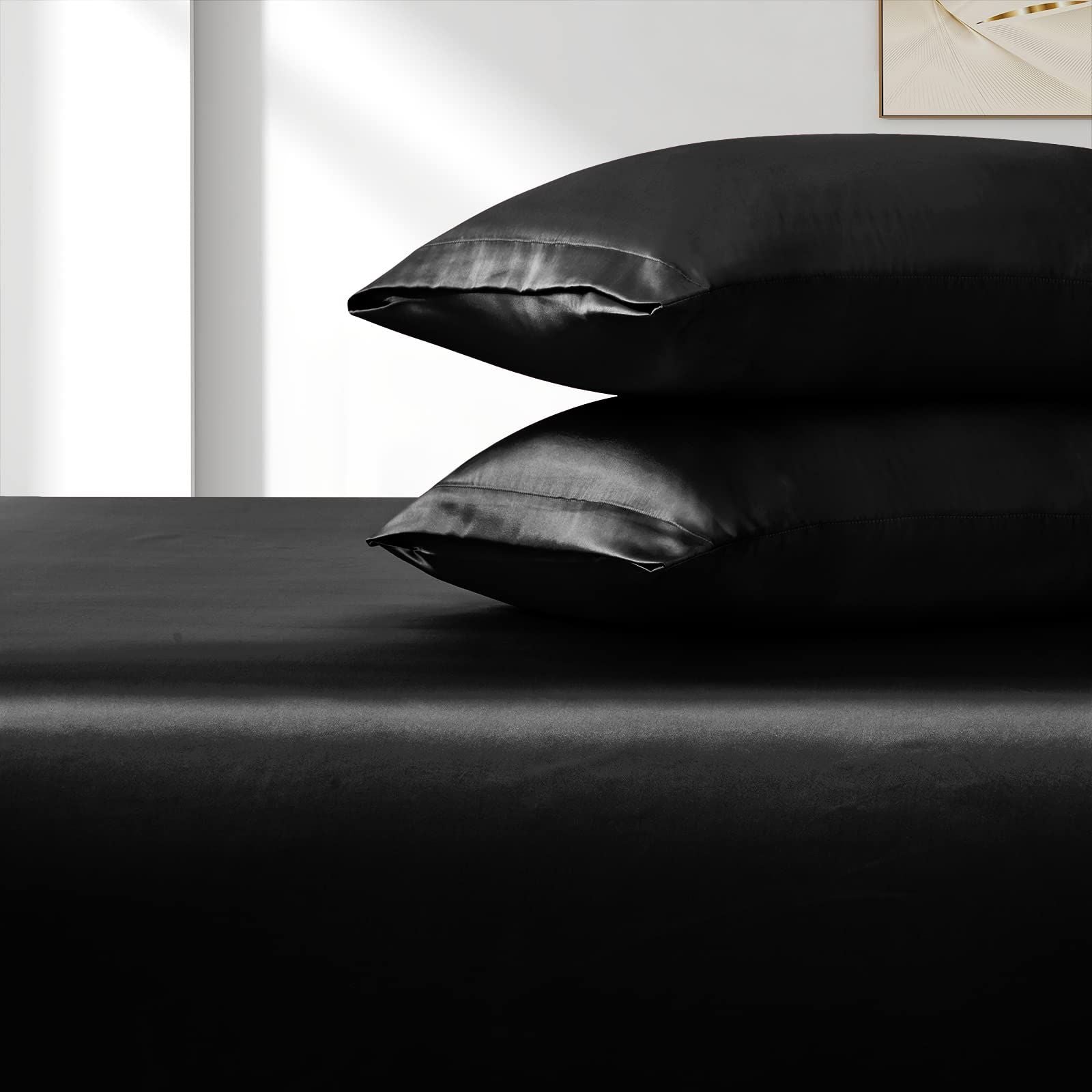 Satin Fitted Sheet Set Hotel 3 Pieces Fitted Sheet with Pillowcase, Art Silk Bedding Set-Luxury Soft Silky Sheets for Hair and Skin, Similar to Silk Fitted Sheets Set 3 Pieces(Super King,Black)