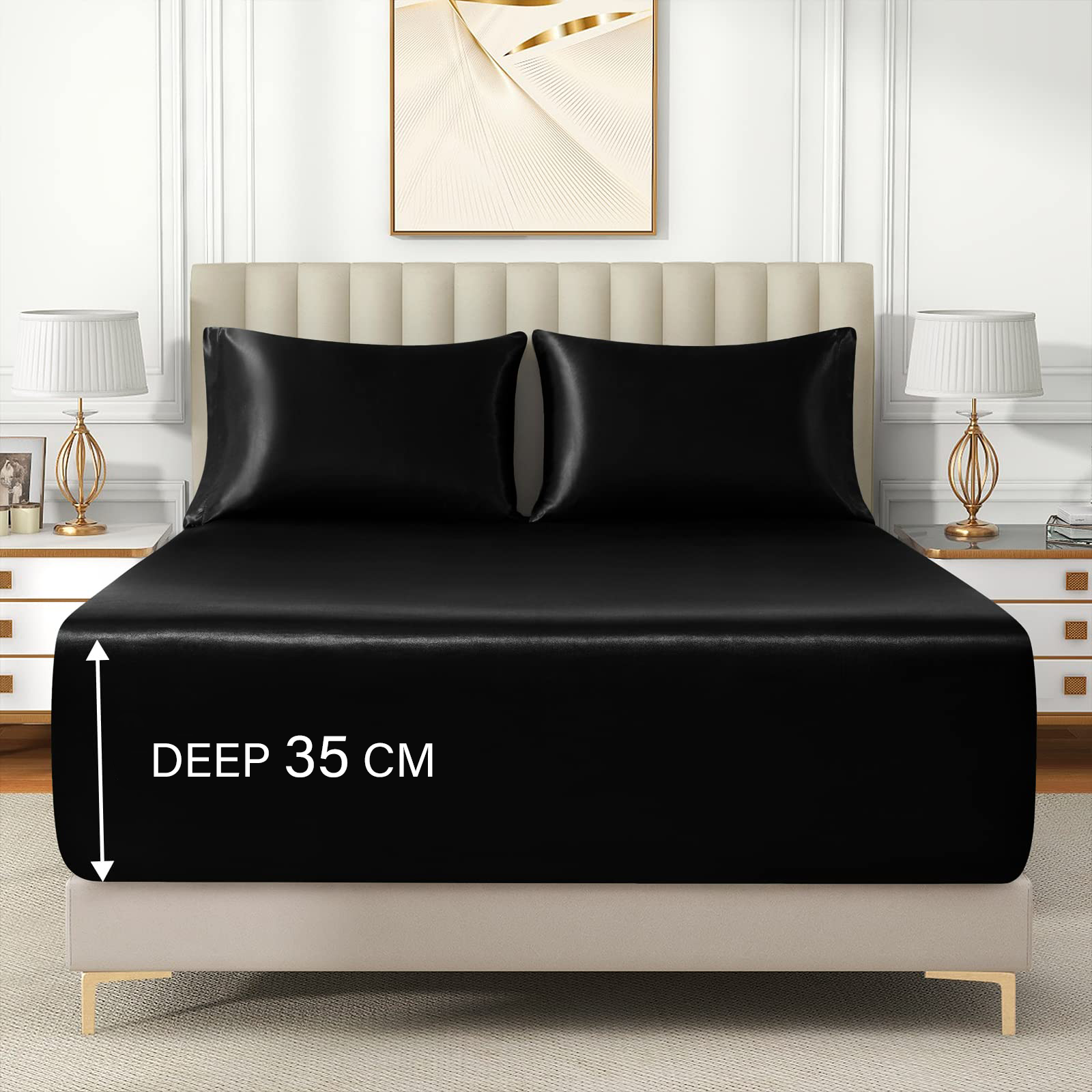 Satin Fitted Sheet Set Hotel 3 Pieces Fitted Sheet with Pillowcase, Art Silk Bedding Set-Luxury Soft Silky Sheets for Hair and Skin, Similar to Silk Fitted Sheets Set 3 Pieces(Super King,Black)