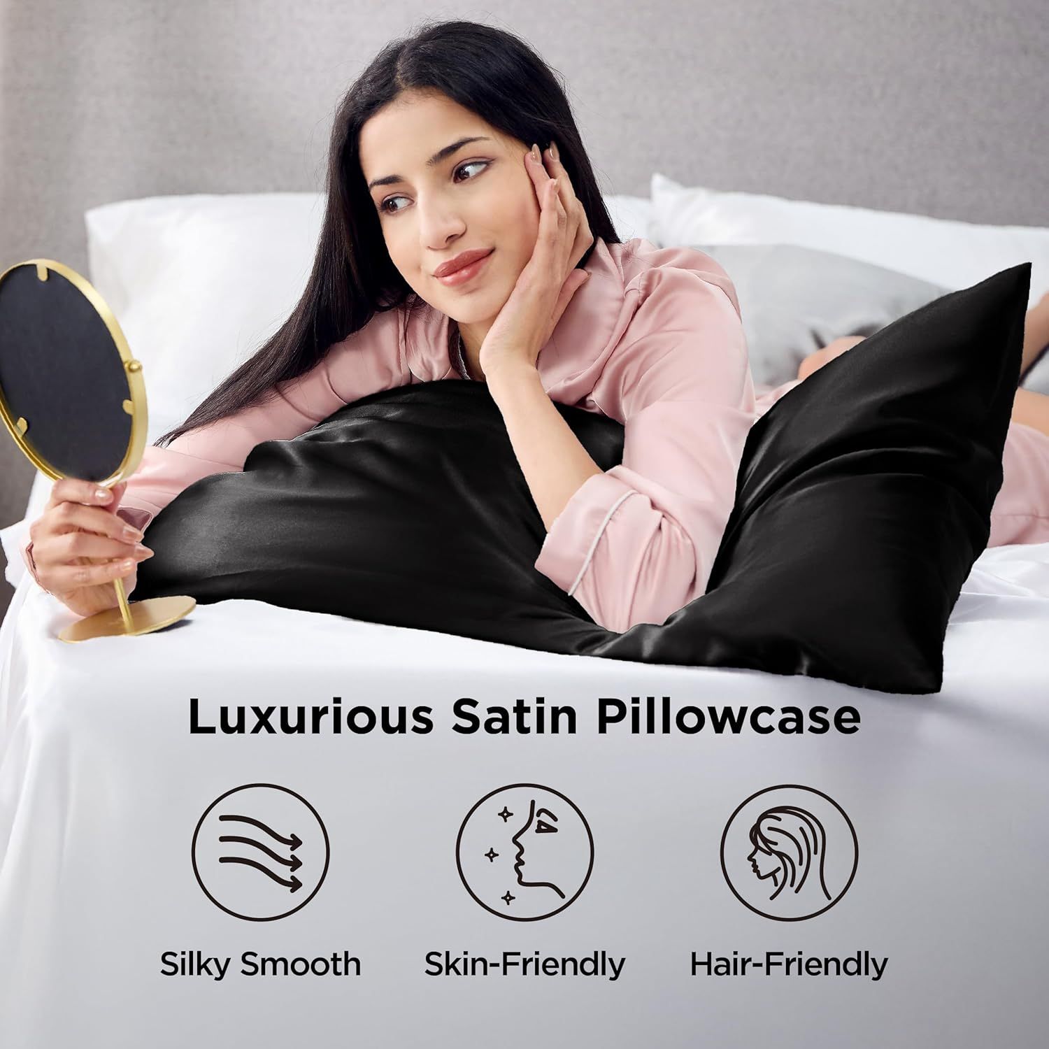 Silk Pillowcase for Hair and Skin Mulberry Silk Pillowcase Soft Breathable Smooth Both Sided Natural Silk Pillowcase with Envelope pocket Beauty Sleep Silk Pillow Case for Gift (2 Pack, Standard, Black)