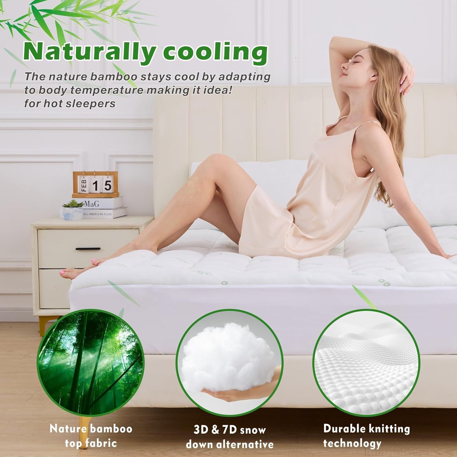 800GSM Mattress Topper Viscose Derived from Bamboo, Thick Pillowtop Fitted Mattress Cover with 45cm Deep Skirt - Machine Washable Hypoallergenic(Double,Green)