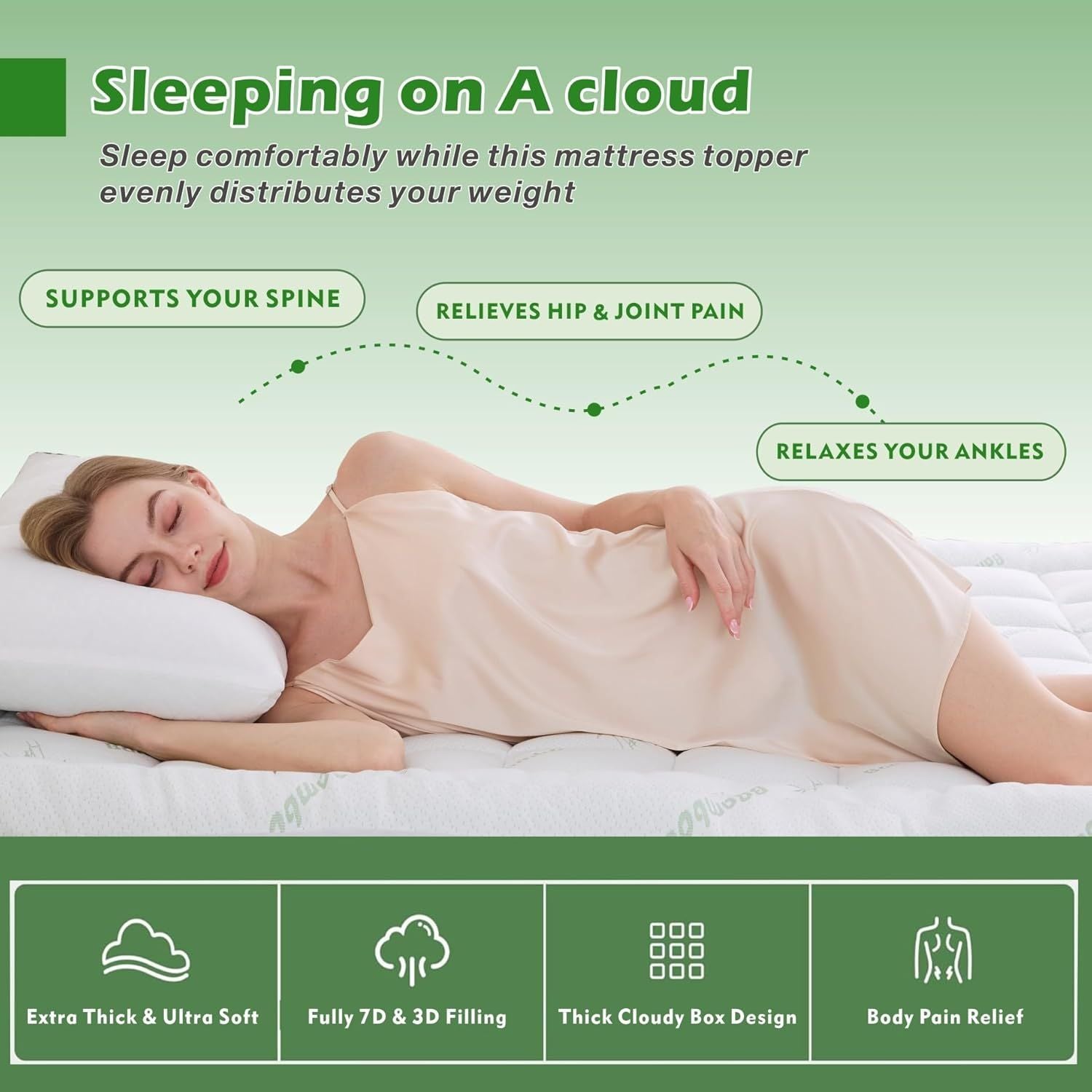 800GSM Mattress Topper Viscose Derived from Bamboo, Thick Pillowtop Fitted Mattress Cover with 45cm Deep Skirt - Machine Washable Hypoallergenic(King,Green)