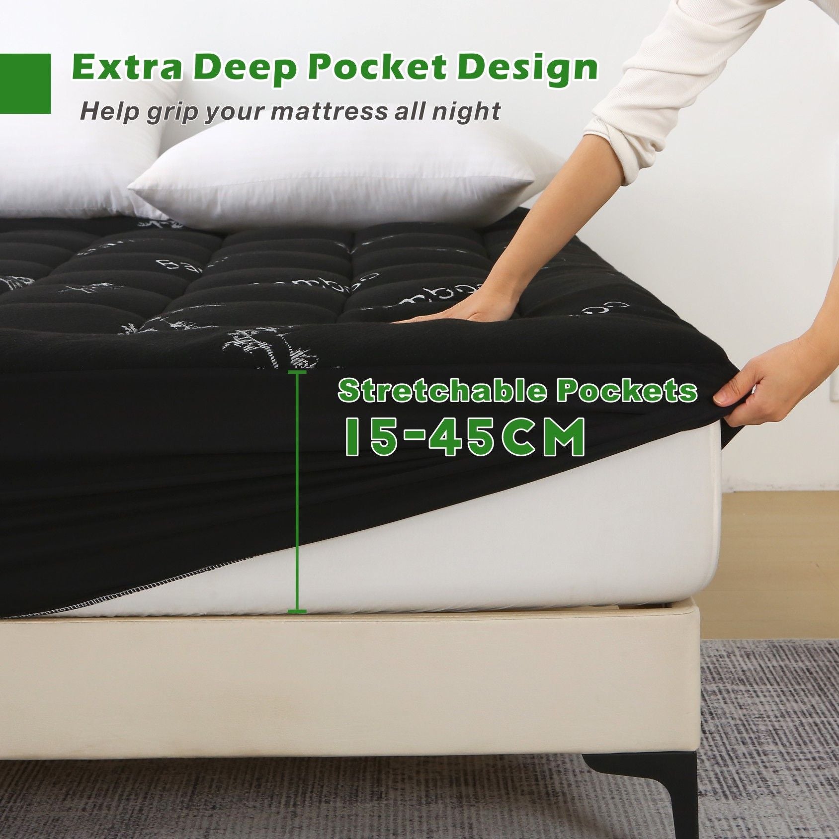 800GSM Mattress Topper Viscose Derived from Bamboo, Thick Pillowtop Fitted Mattress Cover with 45cm Deep Skirt - Machine Washable Hypoallergenic（King Single,Black）