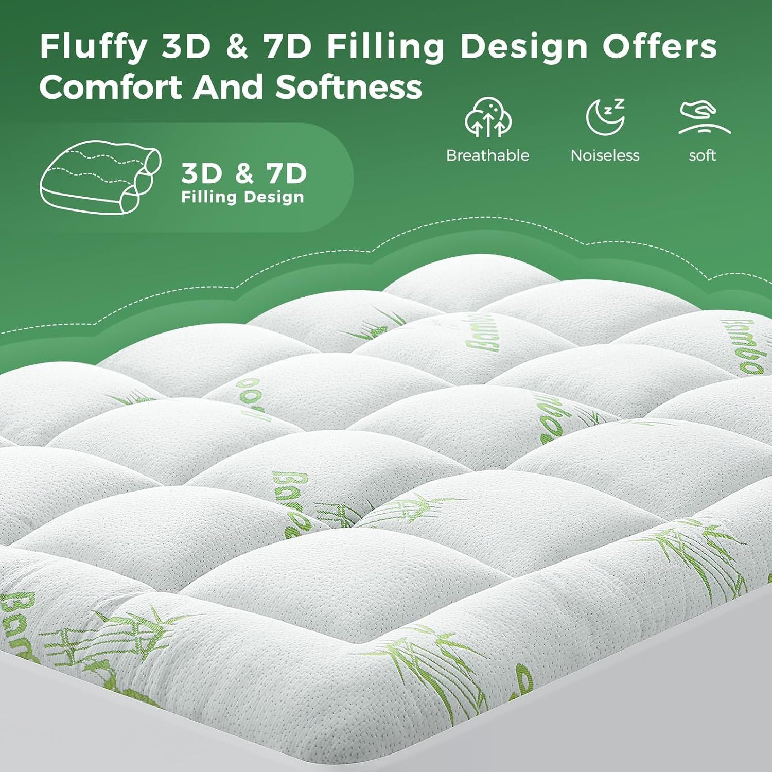 800GSM Mattress Topper Viscose Derived from Bamboo, Thick Pillowtop Fitted Mattress Cover with 45cm Deep Skirt - Machine Washable Hypoallergenic（King Single,Green）