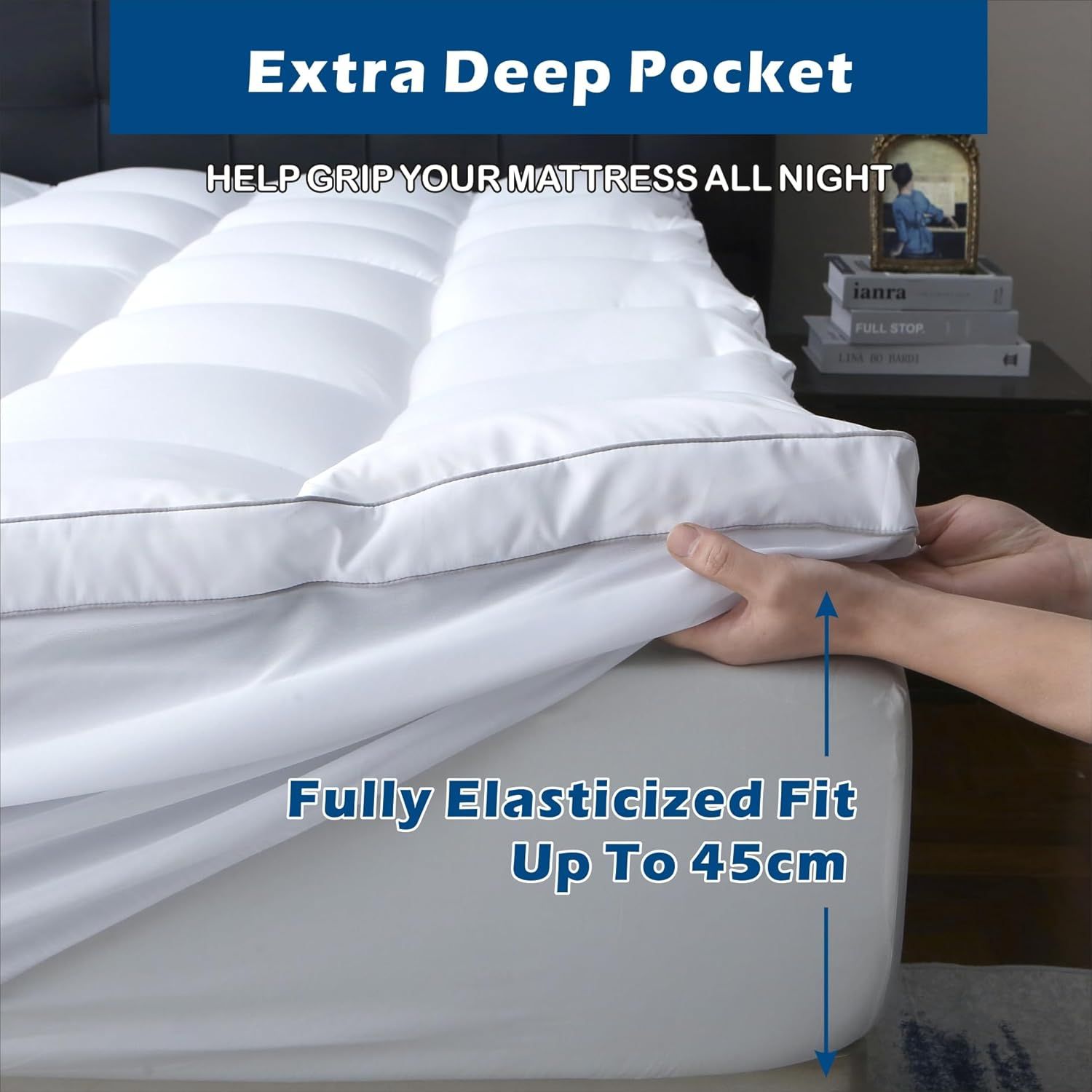 1000GSM Mattress Topper Viscose Derived from Bamboo, Thick Pillowtop Fitted Mattress Cover with 45cm Deep Skirt - Machine Washable Hypoallergenic(Queen,,Black)