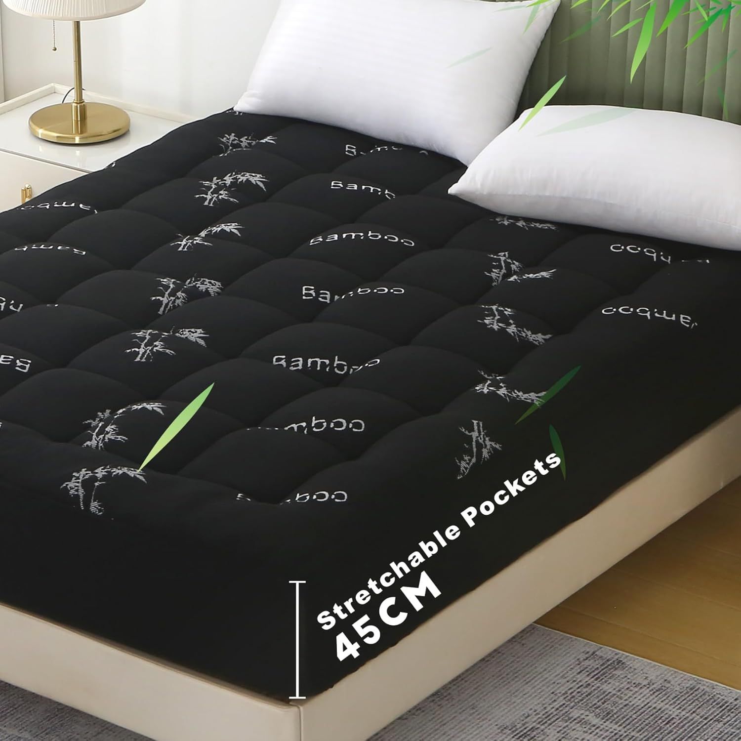 800GSM Mattress Topper Viscose Derived from Bamboo, Thick Pillowtop Fitted Mattress Cover with 45cm Deep Skirt - Machine Washable Hypoallergenic（Single,Black）