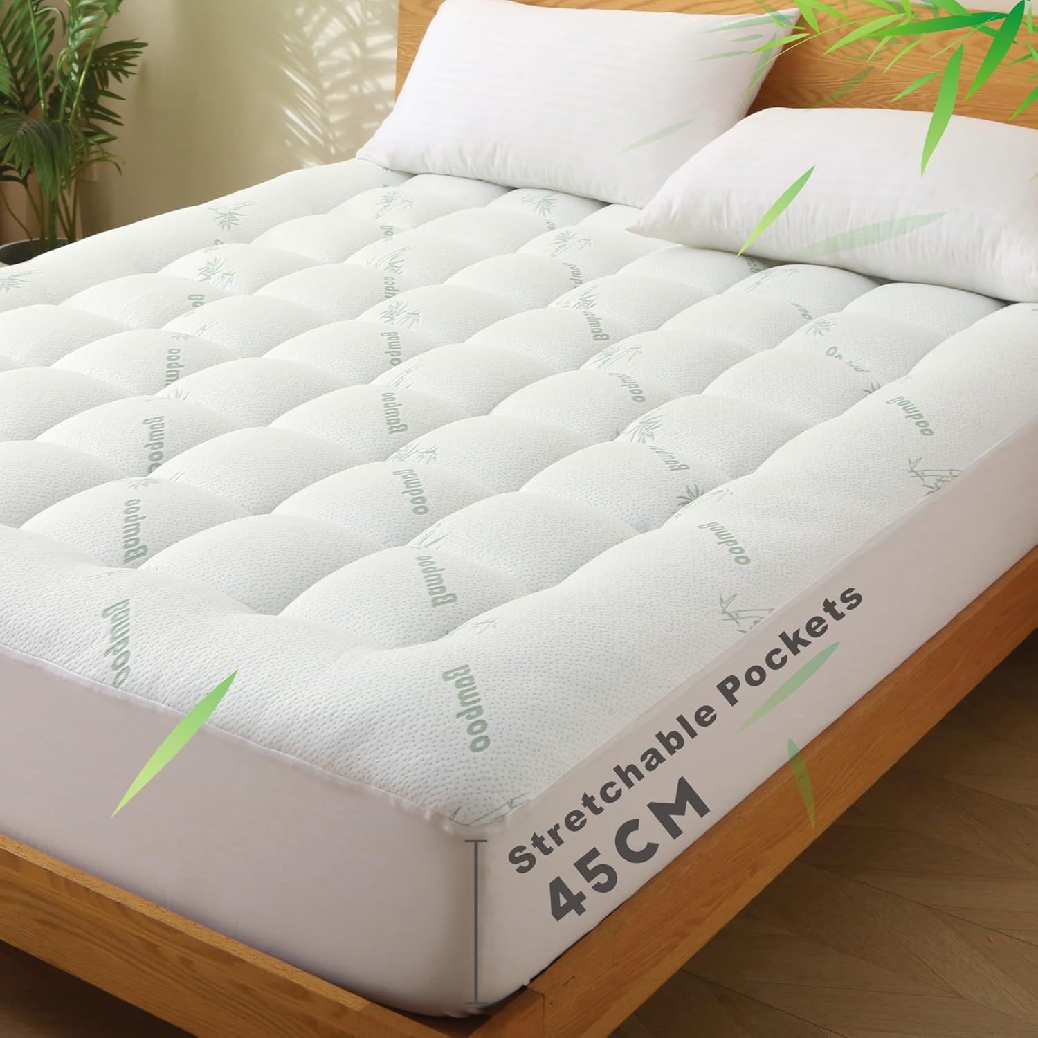 800GSM Mattress Topper Viscose Derived from Bamboo, Thick Pillowtop Fitted Mattress Cover with 45cm Deep Skirt - Machine Washable Hypoallergenic(Super King,Green)