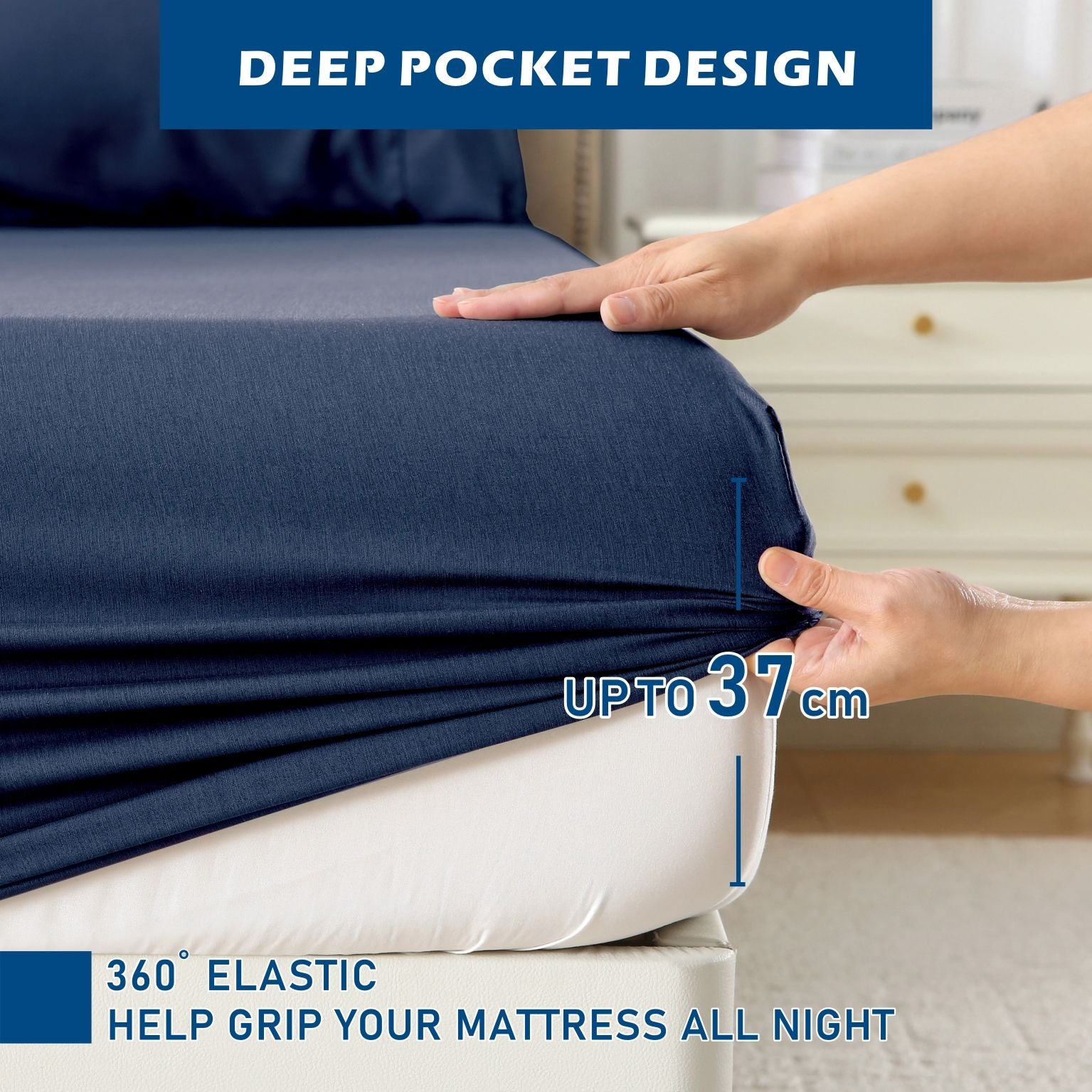 4 Piece Hotel Bamboo Cooling Sheet Set -Ultra Soft 2000TC Breathable Bed Sheets Set with 37 Centimetre Deep Pocket-Cooling Sheets for Hot Sleepers(Navy,Double)