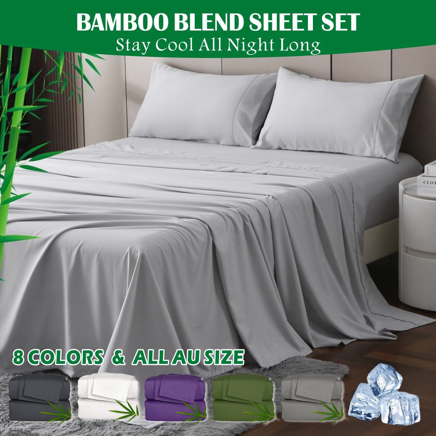 4 Piece Hotel Bamboo Cooling Sheet Set -Ultra Soft 2000TC Breathable Bed Sheets Set with 37 Centimetre Deep Pocket-Cooling Sheets for Hot Sleepers(Silver-gray,Double)