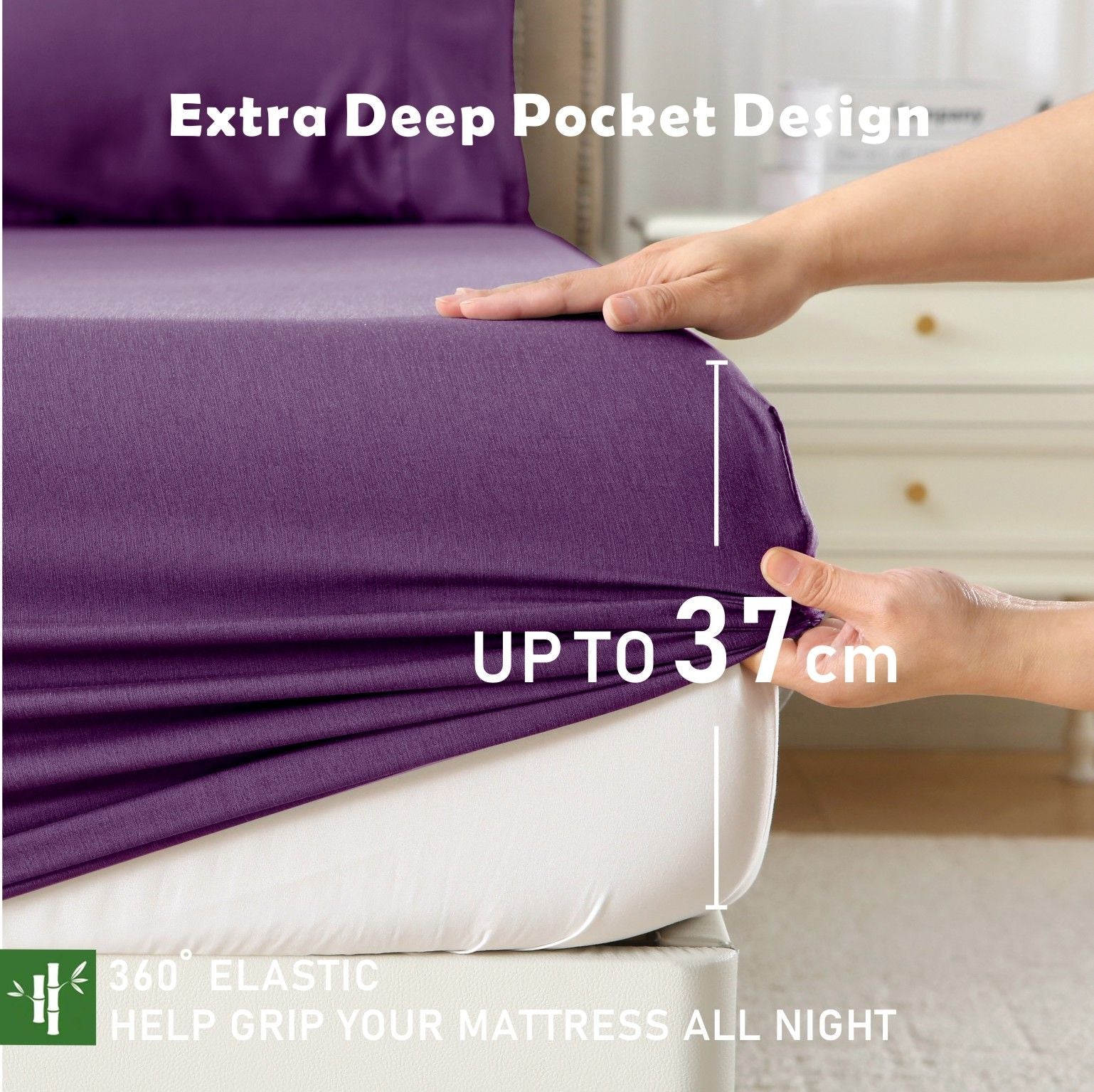 3 Piece Hotel Bamboo Cooling Fitted Sheet Set & Pillowcase -Ultra Soft 2000TC Breathable Fitted Bed Sheets Set with 37 Centimetre Deep Pocket-Cooling Sheets for Hot Sleepers(Purple,King)