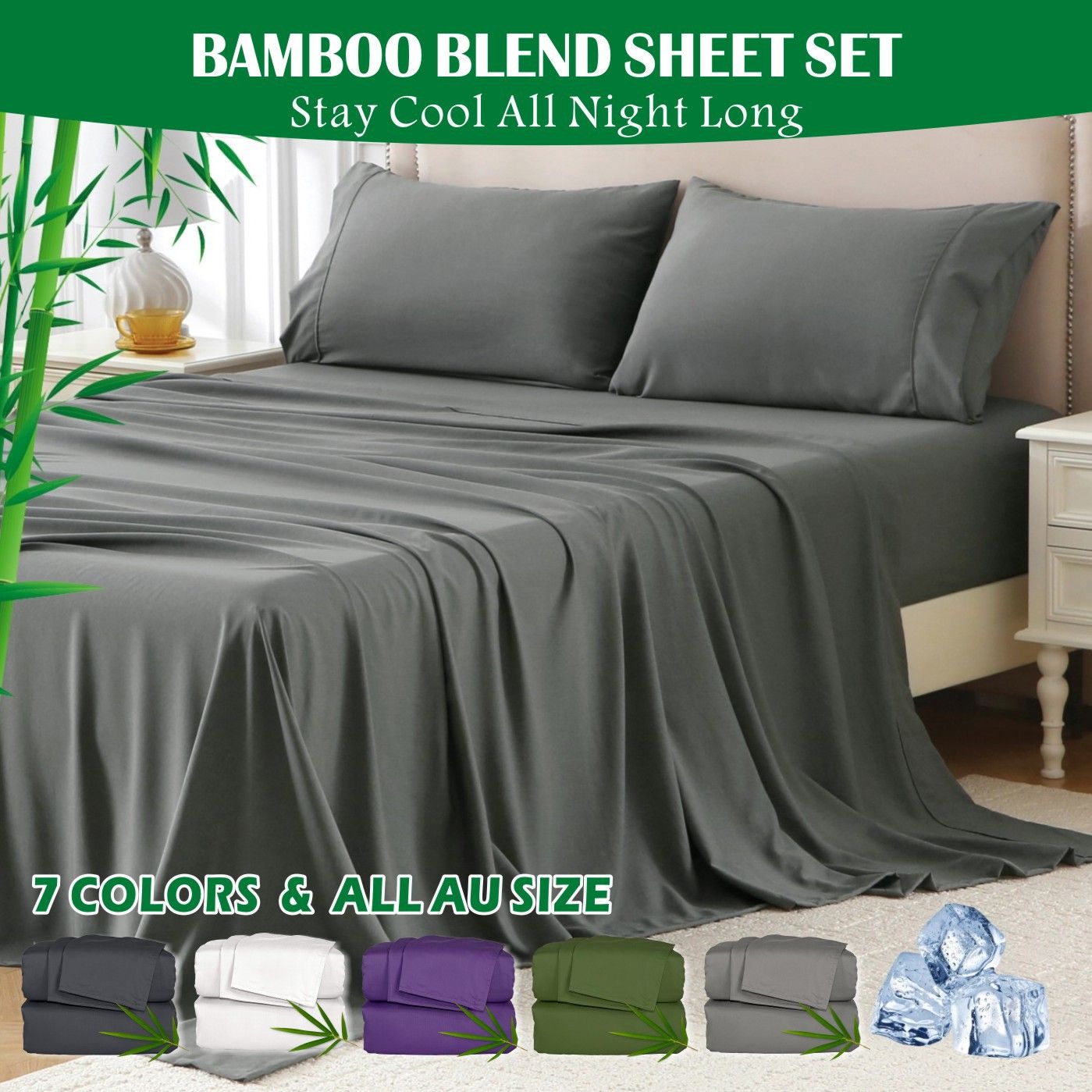 4 Piece Hotel Bamboo Cooling Sheet Set -Ultra Soft 2000TC Breathable Bed Sheets Set with 37 Centimetre Deep Pocket-Cooling Sheets for Hot Sleepers(Grey,King)