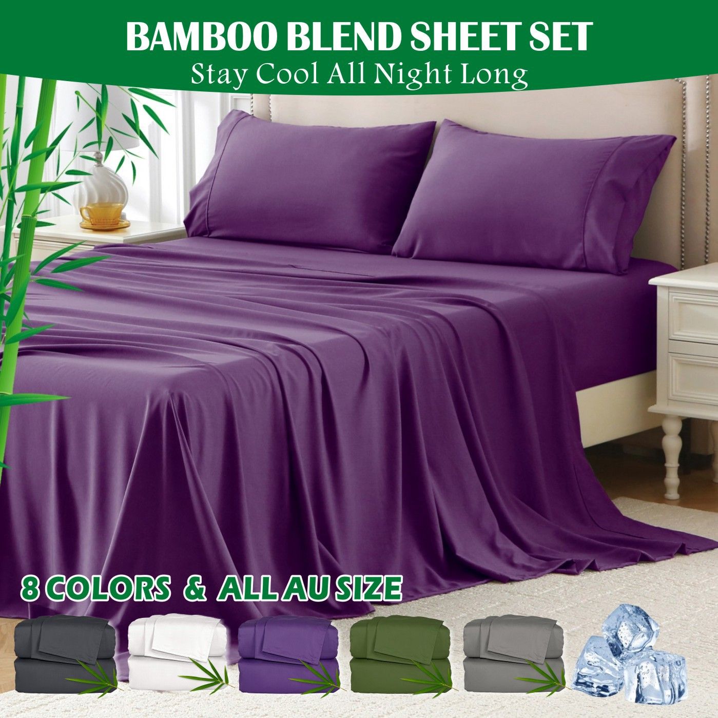 4 Piece Hotel Bamboo Cooling Sheet Set -Ultra Soft 2000TC Breathable Bed Sheets Set with 37 Centimetre Deep Pocket-Cooling Sheets for Hot Sleepers(Purple,King)
