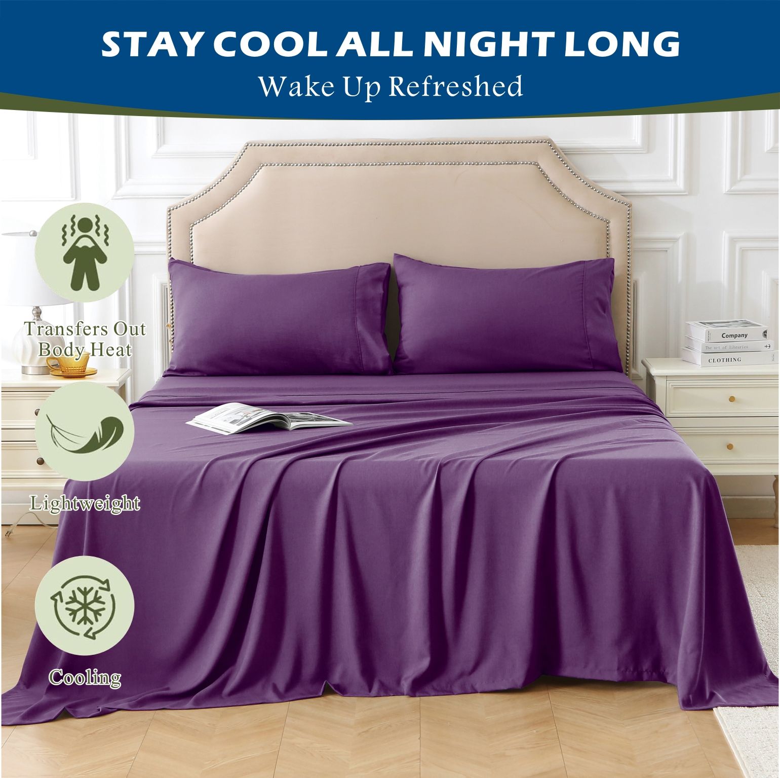 4 Piece Hotel Bamboo Cooling Sheet Set -Ultra Soft 2000TC Breathable Bed Sheets Set with 37 Centimetre Deep Pocket-Cooling Sheets for Hot Sleepers(Purple,King)