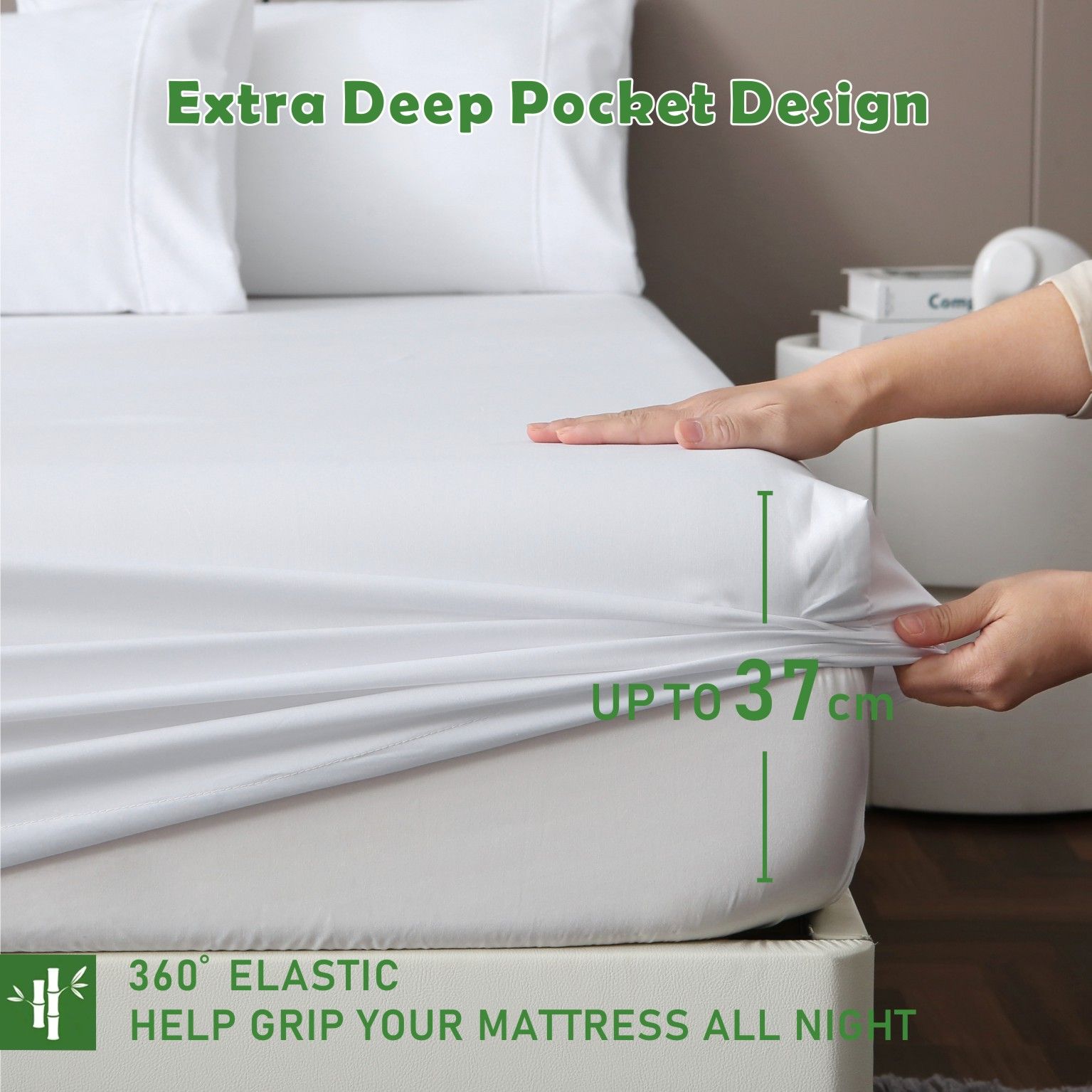 2 Piece Hotel Bamboo Cooling Fitted Sheet Set & Pillowcase -Ultra Soft 2000TC Breathable Fitted Bed Sheets Set with 37 Centimetre Deep Pocket-Cooling Sheets for Hot Sleepers(White,King Single)
