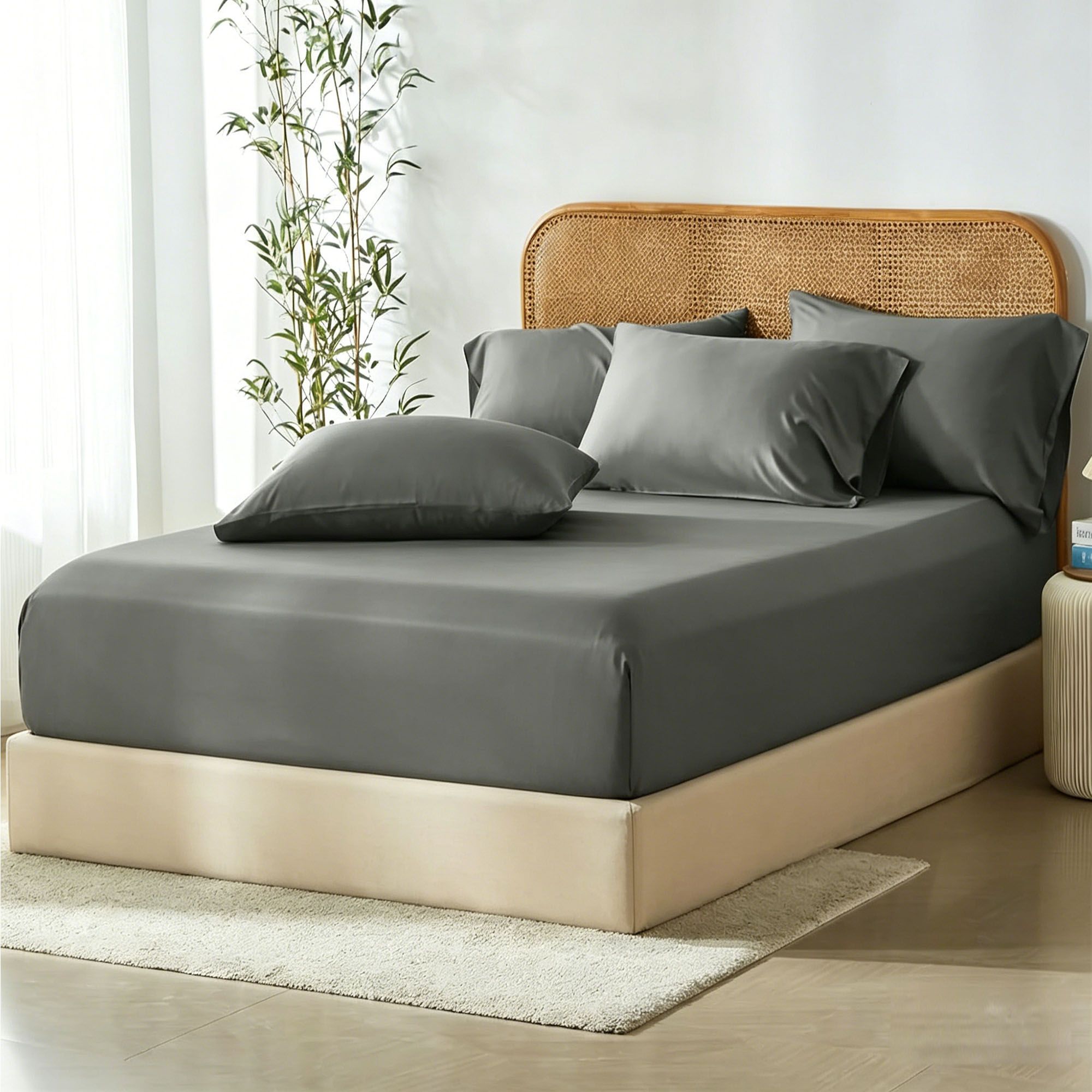 2 Piece Hotel Bamboo Cooling Fitted Sheet Set & Pillowcase -Ultra Soft 2000TC Breathable Fitted Bed Sheets Set with 37 Centimetre Deep Pocket-Cooling Sheets for Hot Sleepers(Grey,King Single)