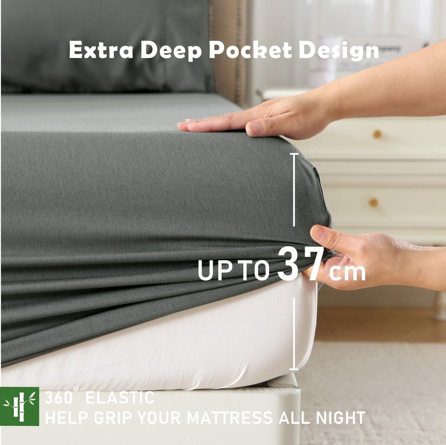 2 Piece Hotel Bamboo Cooling Fitted Sheet Set & Pillowcase -Ultra Soft 2000TC Breathable Fitted Bed Sheets Set with 37 Centimetre Deep Pocket-Cooling Sheets for Hot Sleepers(Grey,King Single)