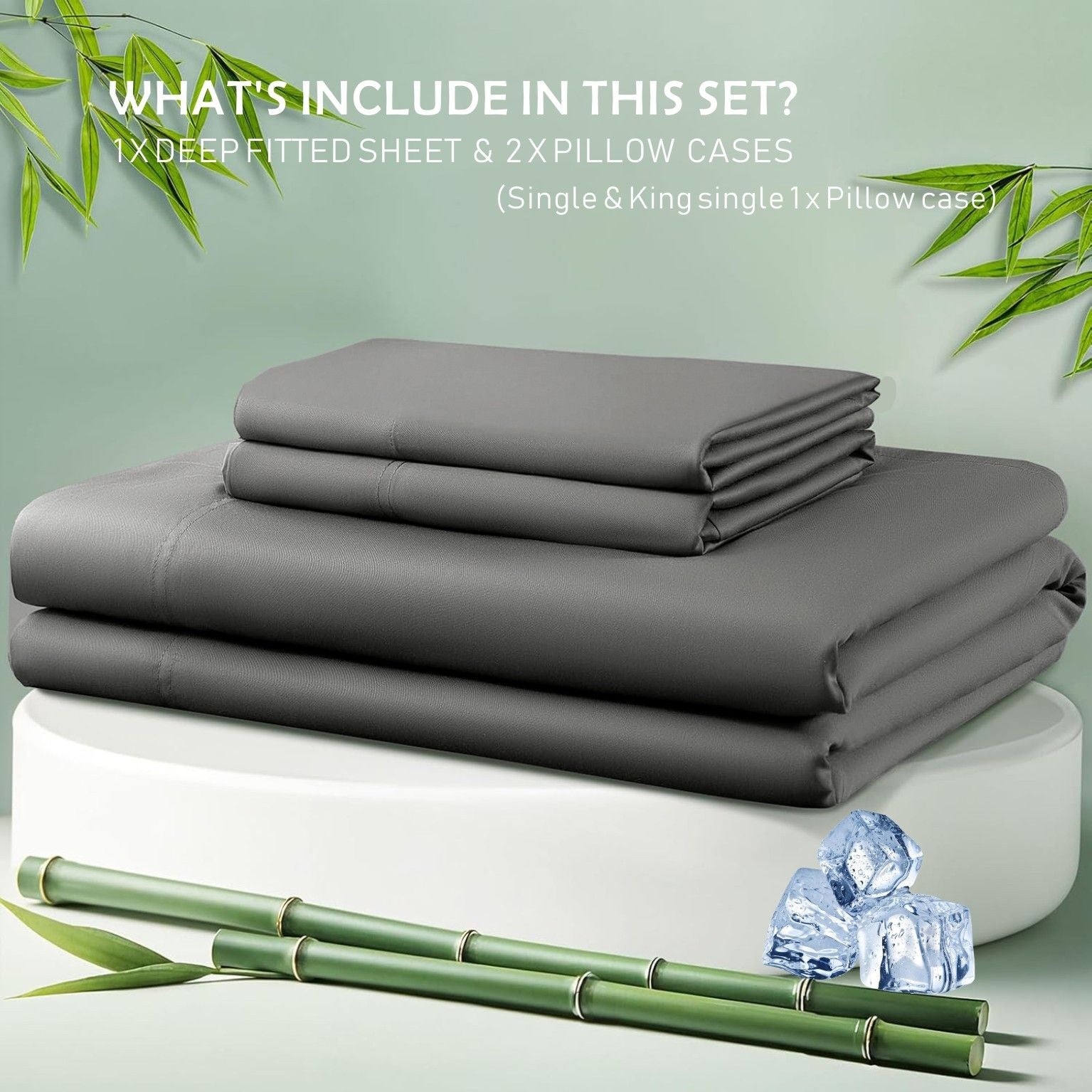 2 Piece Hotel Bamboo Cooling Fitted Sheet Set & Pillowcase -Ultra Soft 2000TC Breathable Fitted Bed Sheets Set with 37 Centimetre Deep Pocket-Cooling Sheets for Hot Sleepers(Grey,King Single)