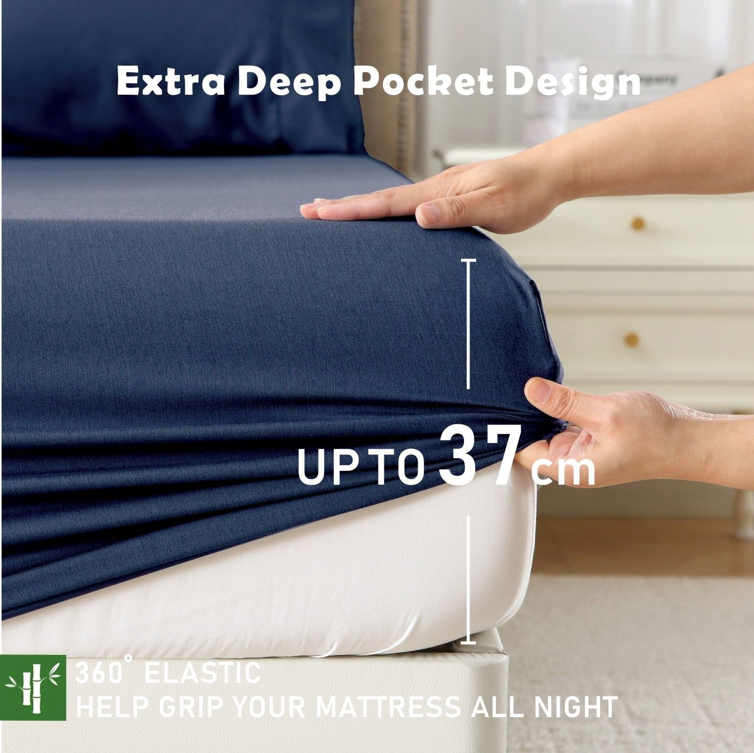 2 Piece Hotel Bamboo Cooling Fitted Sheet Set & Pillowcase -Ultra Soft 2000TC Breathable Fitted Bed Sheets Set with 37 Centimetre Deep Pocket-Cooling Sheets for Hot Sleepers(Navy,King Single)