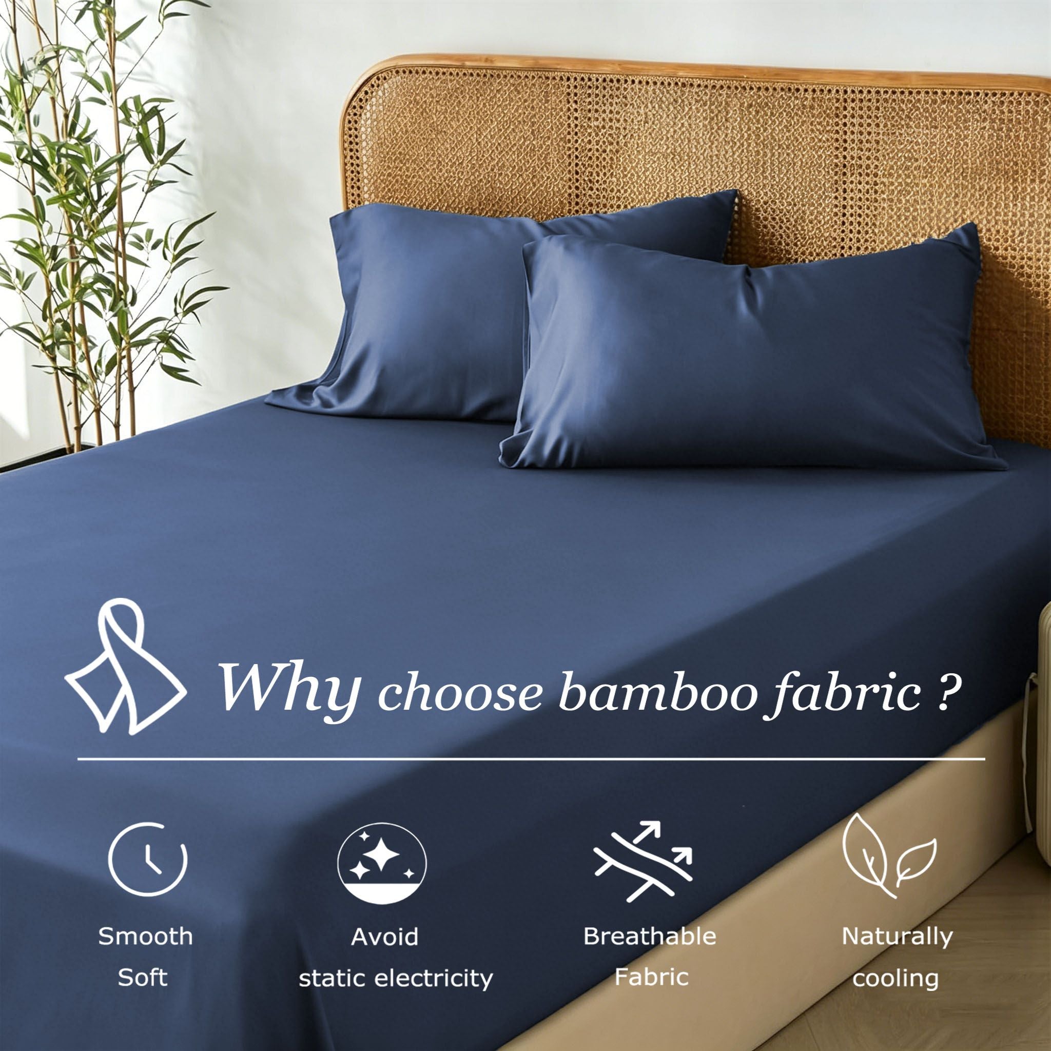2 Piece Hotel Bamboo Cooling Fitted Sheet Set & Pillowcase -Ultra Soft 2000TC Breathable Fitted Bed Sheets Set with 37 Centimetre Deep Pocket-Cooling Sheets for Hot Sleepers(Navy,King Single)