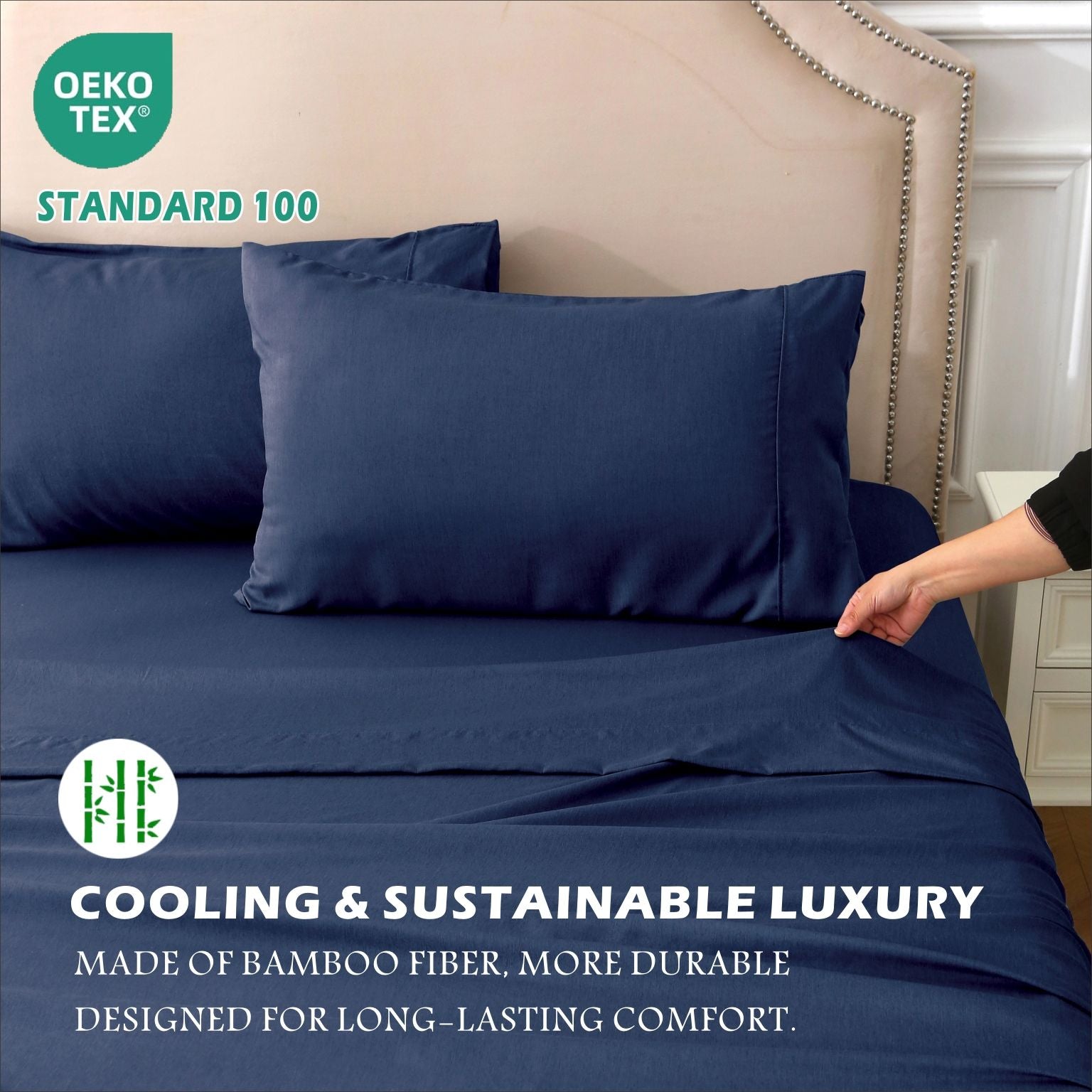 3 Piece Hotel Bamboo Cooling Sheet Set -Ultra Soft 2000TC Breathable Bed Sheets Set with 37 Centimetre Deep Pocket-Cooling Sheets for Hot Sleepers(Navy,King Single)