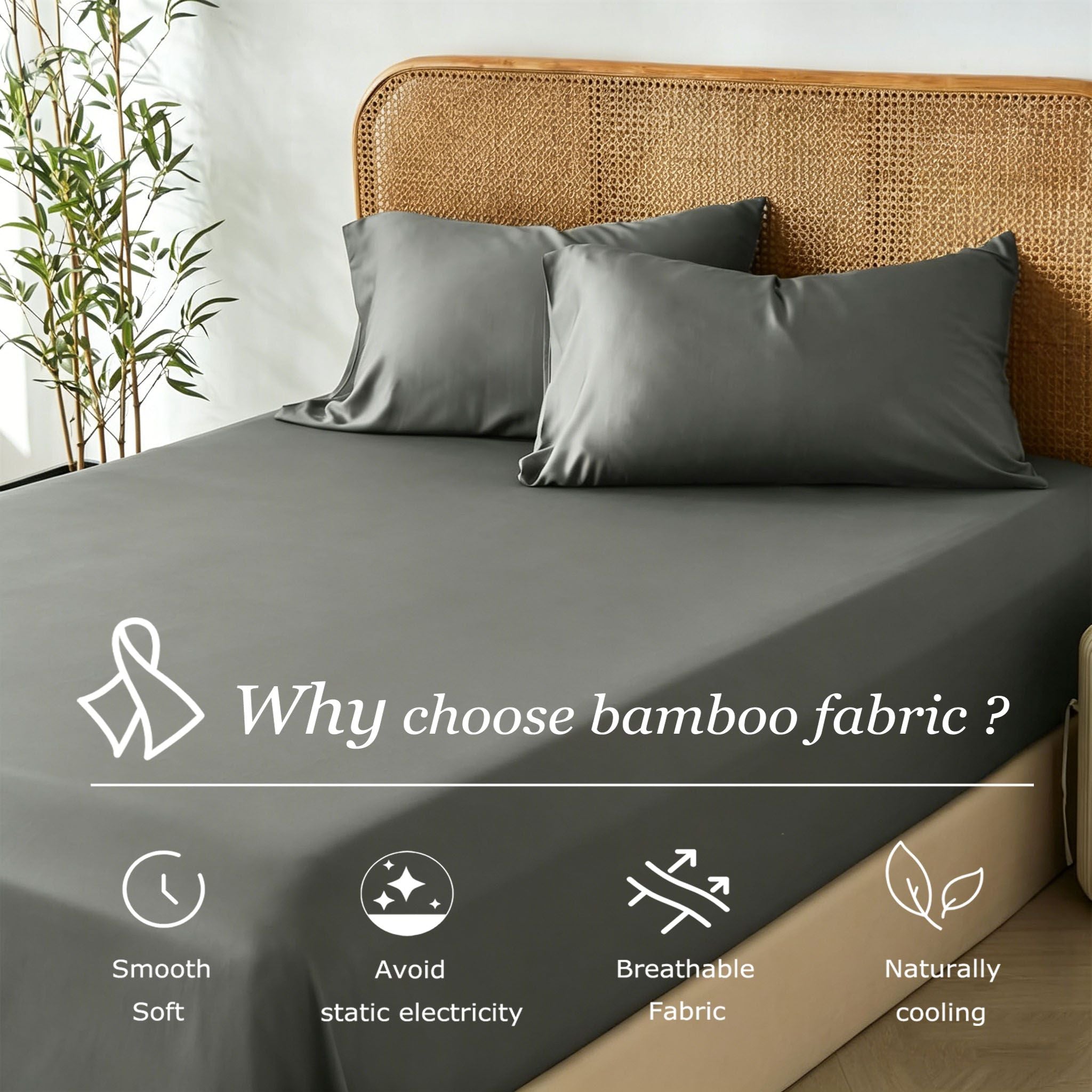 3 Piece Hotel Bamboo Cooling Fitted Sheet Set & Pillowcase -Ultra Soft 2000TC Breathable Fitted Bed Sheets Set with 37 Centimetre Deep Pocket-Cooling Sheets for Hot Sleepers(Grey,Queen)