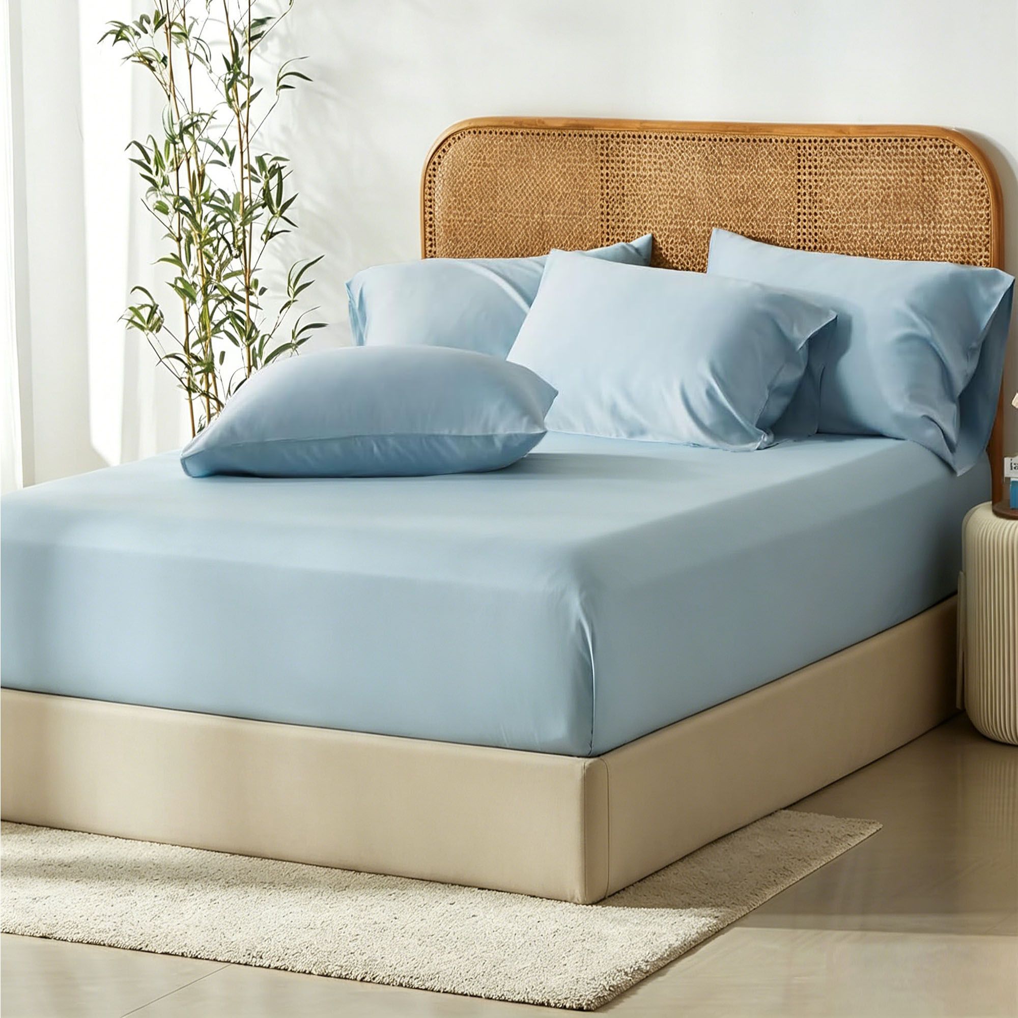 3 Piece Hotel Bamboo Cooling Fitted Sheet Set & Pillowcase -Ultra Soft 2000TC Breathable Fitted Bed Sheets Set with 37 Centimetre Deep Pocket-Cooling Sheets for Hot Sleepers(Sky Blue,Queen)