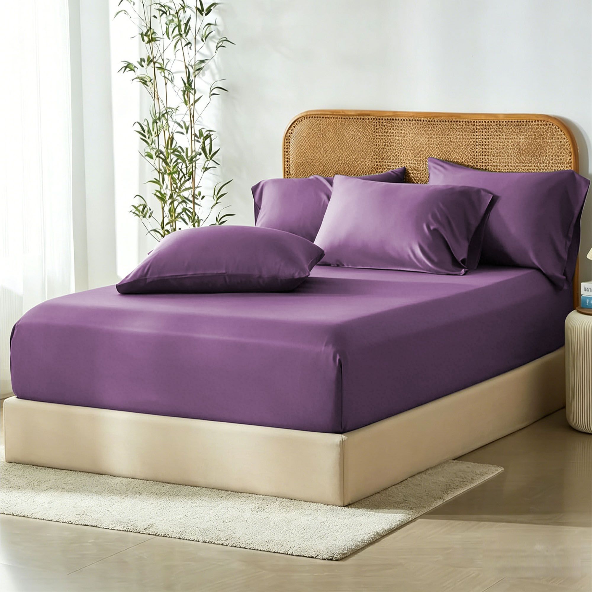 3 Piece Hotel Bamboo Cooling Fitted Sheet Set & Pillowcase -Ultra Soft 2000TC Breathable Fitted Bed Sheets Set with 37 Centimetre Deep Pocket-Cooling Sheets for Hot Sleepers(Purple,Queen)