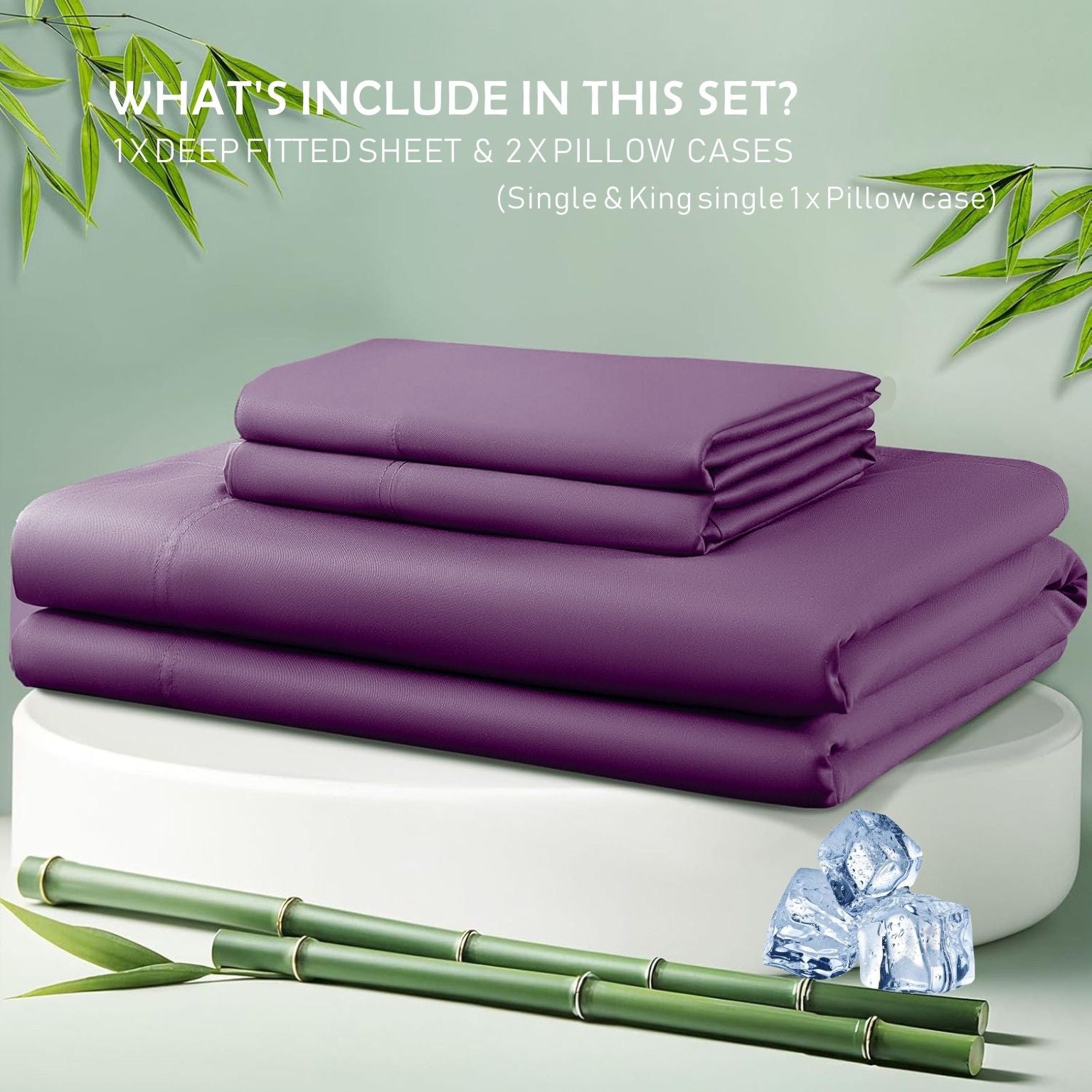 3 Piece Hotel Bamboo Cooling Fitted Sheet Set & Pillowcase -Ultra Soft 2000TC Breathable Fitted Bed Sheets Set with 37 Centimetre Deep Pocket-Cooling Sheets for Hot Sleepers(Purple,Queen)