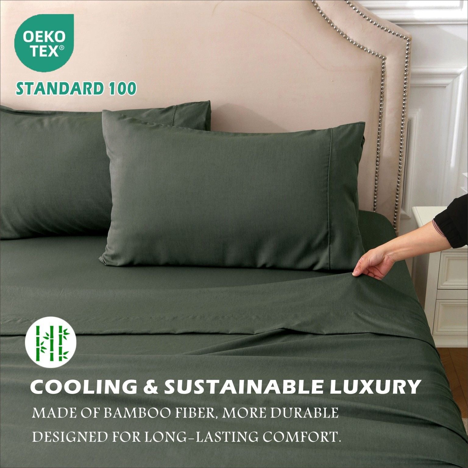 4 Piece Hotel Bamboo Cooling Sheet Set -Ultra Soft 2000TC Breathable Bed Sheets Set with 37 Centimetre Deep Pocket-Cooling Sheets for Hot Sleepers(Olive green,Queen)