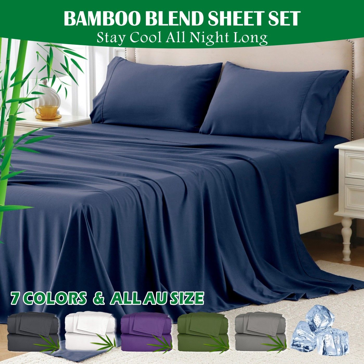 4 Piece Hotel Bamboo Cooling Sheet Set -Ultra Soft 2000TC Breathable Bed Sheets Set with 37 Centimetre Deep Pocket-Cooling Sheets for Hot Sleepers(Navy,Queen)