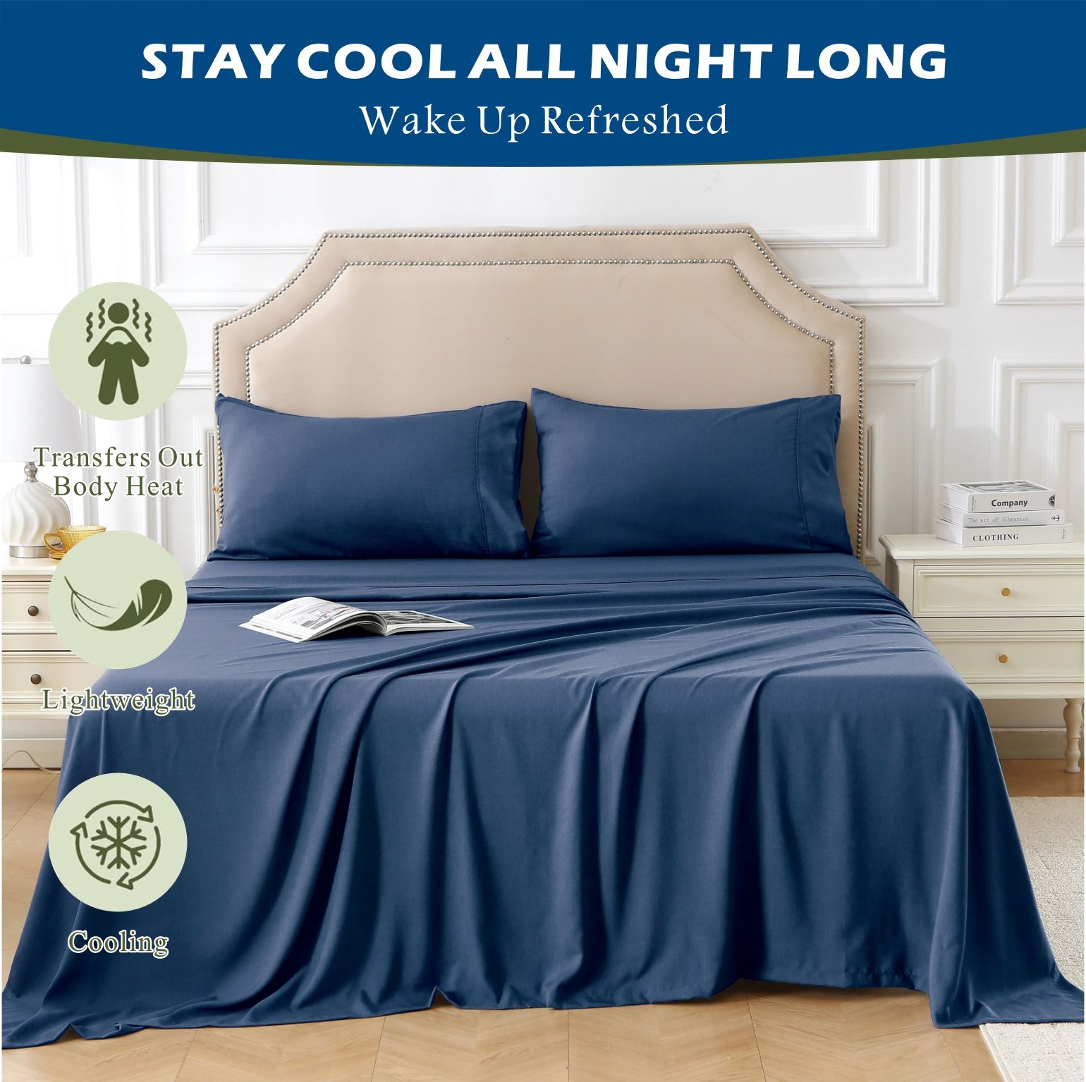 4 Piece Hotel Bamboo Cooling Sheet Set -Ultra Soft 2000TC Breathable Bed Sheets Set with 37 Centimetre Deep Pocket-Cooling Sheets for Hot Sleepers(Navy,Queen)
