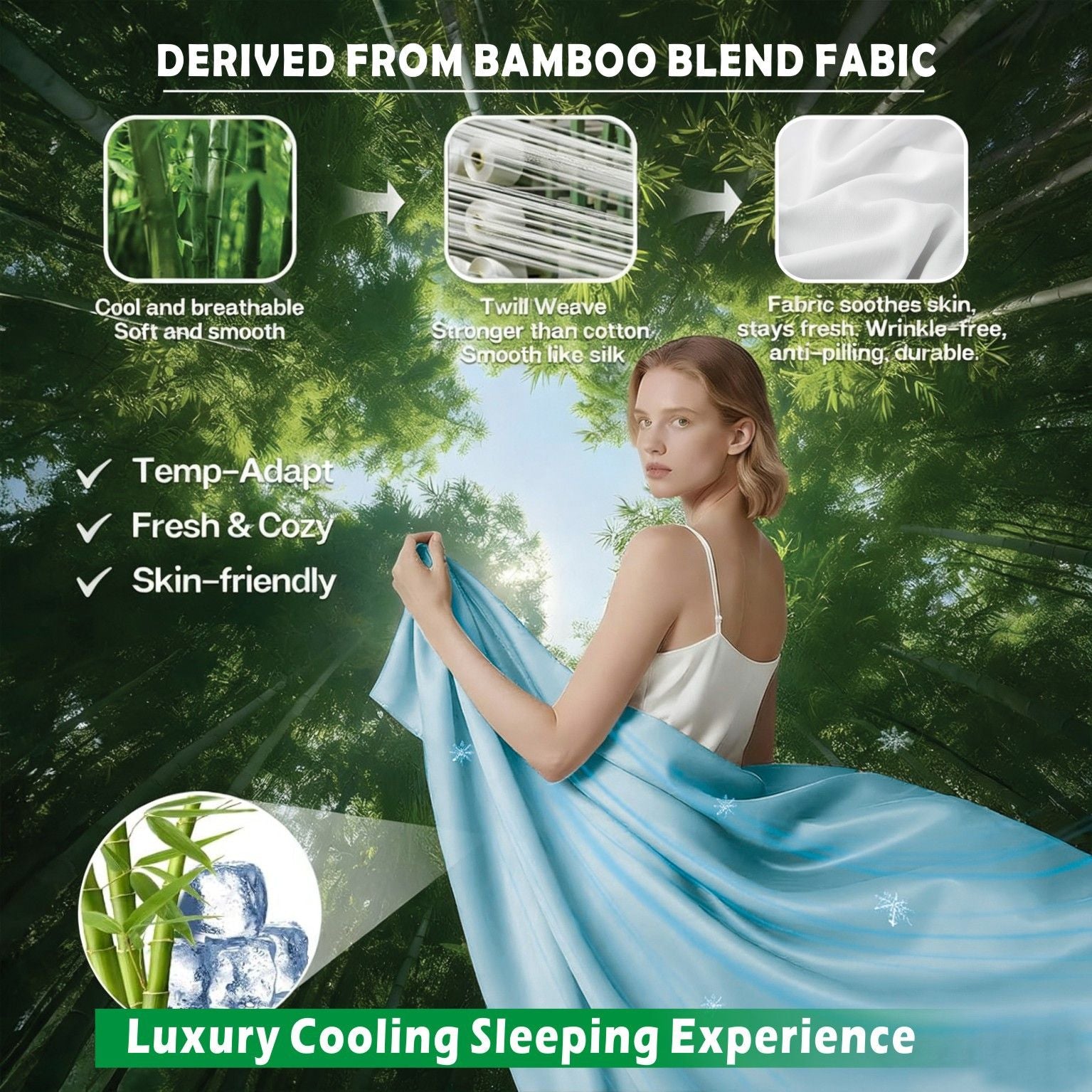 4 Piece Hotel Bamboo Cooling Sheet Set -Ultra Soft 2000TC Breathable Bed Sheets Set with 37 Centimetre Deep Pocket-Cooling Sheets for Hot Sleepers(Sky Blue,Queen)
