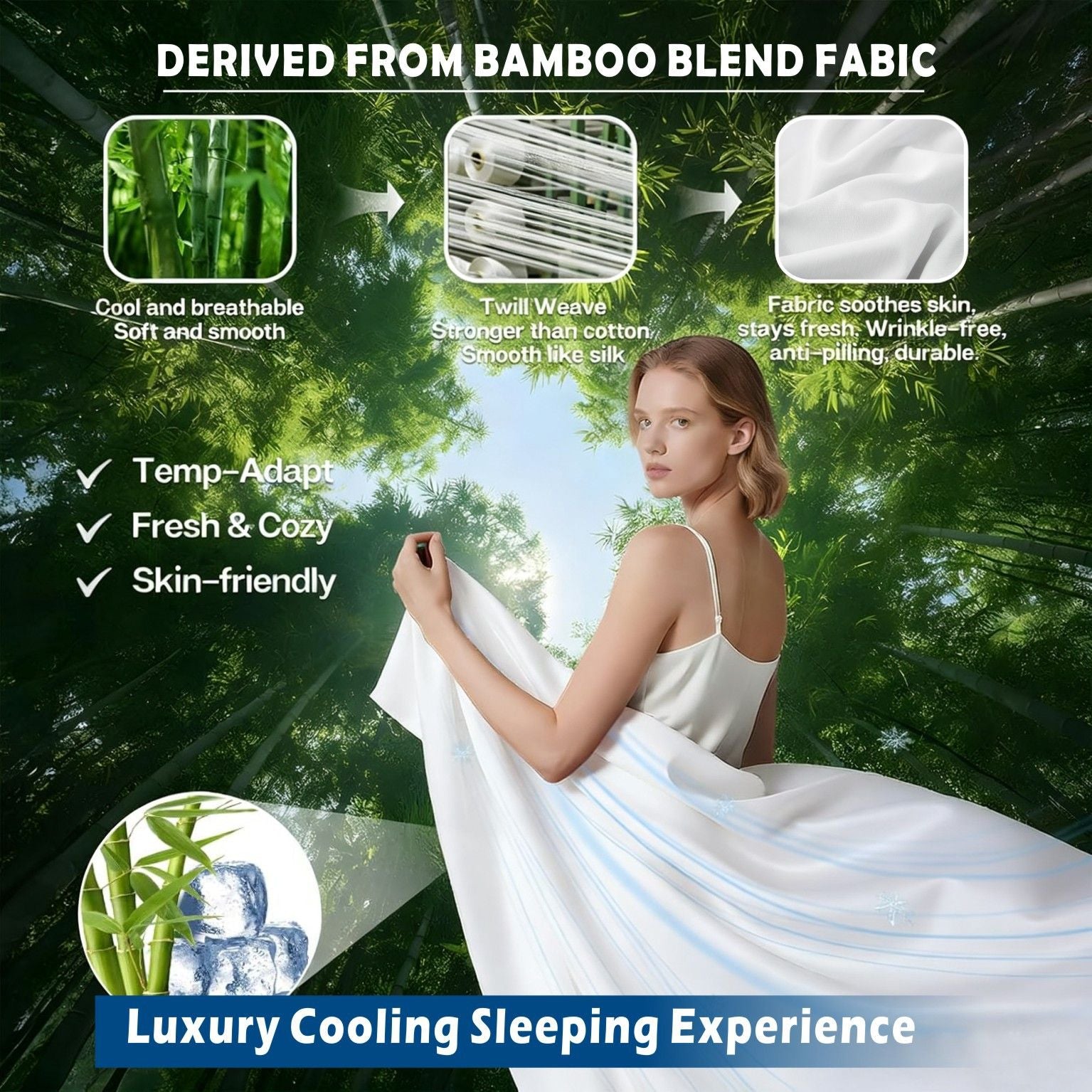 3 Piece Hotel Bamboo Cooling Sheet Set -Ultra Soft 2000TC Breathable Bed Sheets Set with 37 Centimetre Deep Pocket-Cooling Sheets for Hot Sleepers(White,Single)