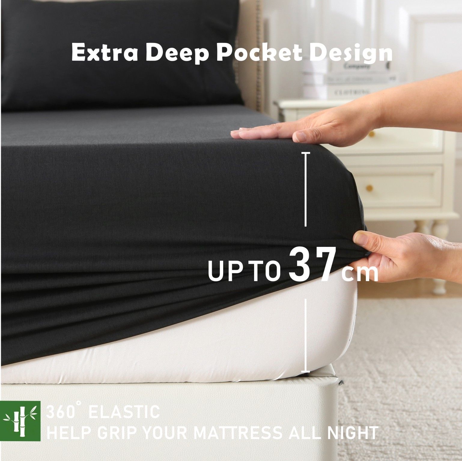 3 Piece Hotel Bamboo Cooling Fitted Sheet Set & Pillowcase -Ultra Soft 2000TC Breathable Fitted Bed Sheets Set with 37 Centimetre Deep Pocket-Cooling Sheets for Hot Sleepers(Black,Super King)