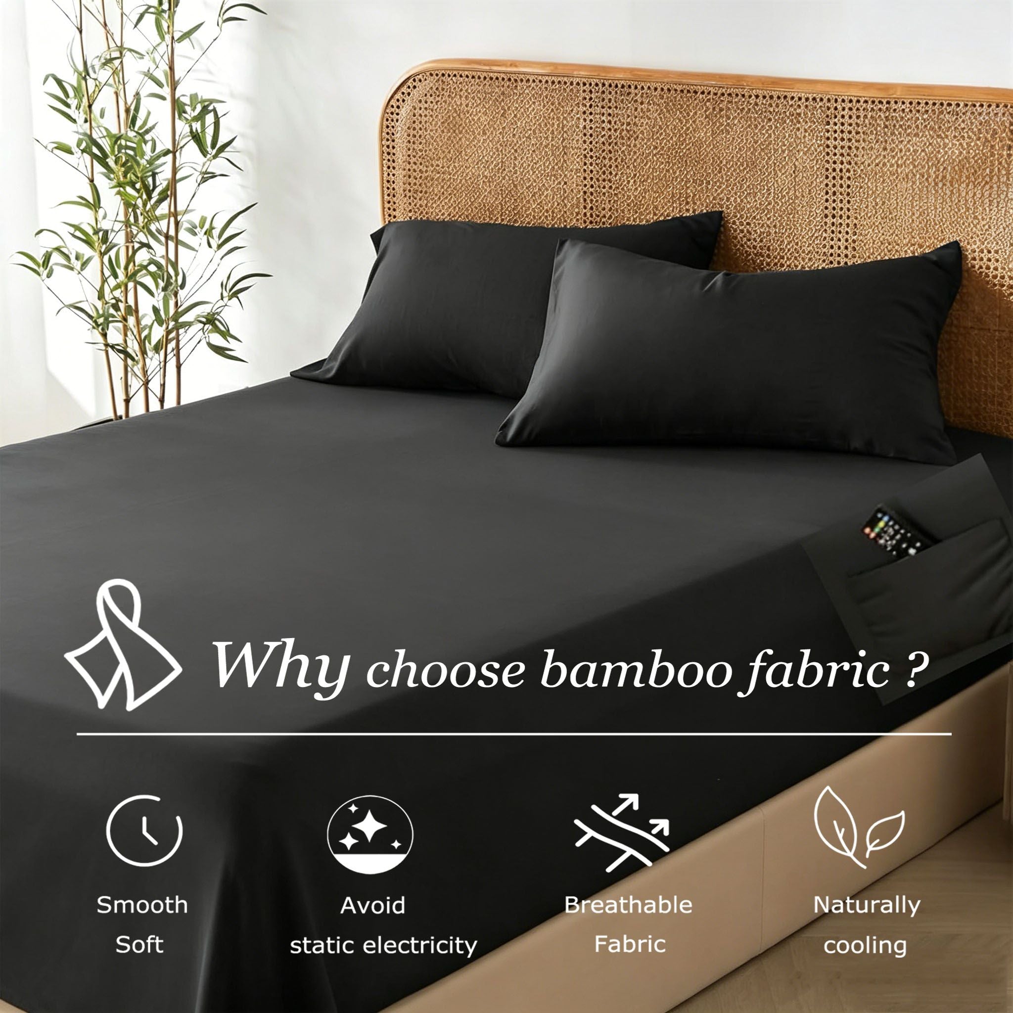 3 Piece Hotel Bamboo Cooling Fitted Sheet Set & Pillowcase -Ultra Soft 2000TC Breathable Fitted Bed Sheets Set with 37 Centimetre Deep Pocket-Cooling Sheets for Hot Sleepers(Black,Super King)