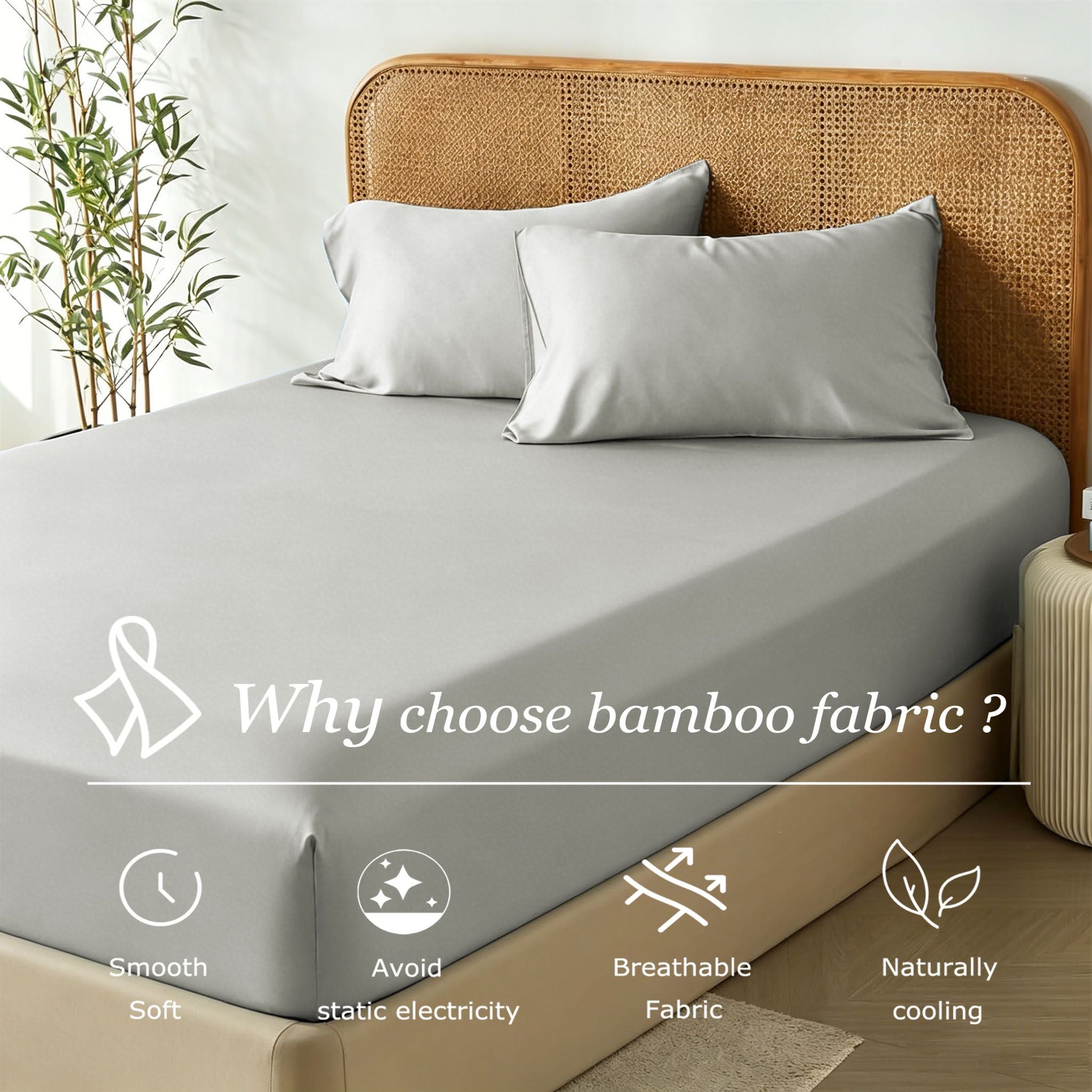 3 Piece Hotel Bamboo Cooling Fitted Sheet Set & Pillowcase -Ultra Soft 2000TC Breathable Fitted Bed Sheets Set with 37 Centimetre Deep Pocket-Cooling Sheets for Hot Sleepers(Silver-gray,Super King)