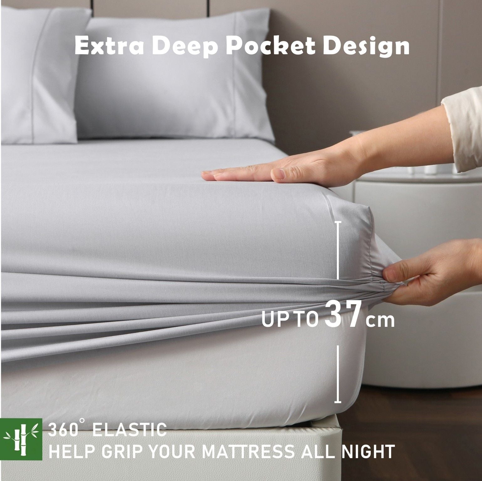 3 Piece Hotel Bamboo Cooling Fitted Sheet Set & Pillowcase -Ultra Soft 2000TC Breathable Fitted Bed Sheets Set with 37 Centimetre Deep Pocket-Cooling Sheets for Hot Sleepers(Silver-gray,Super King)