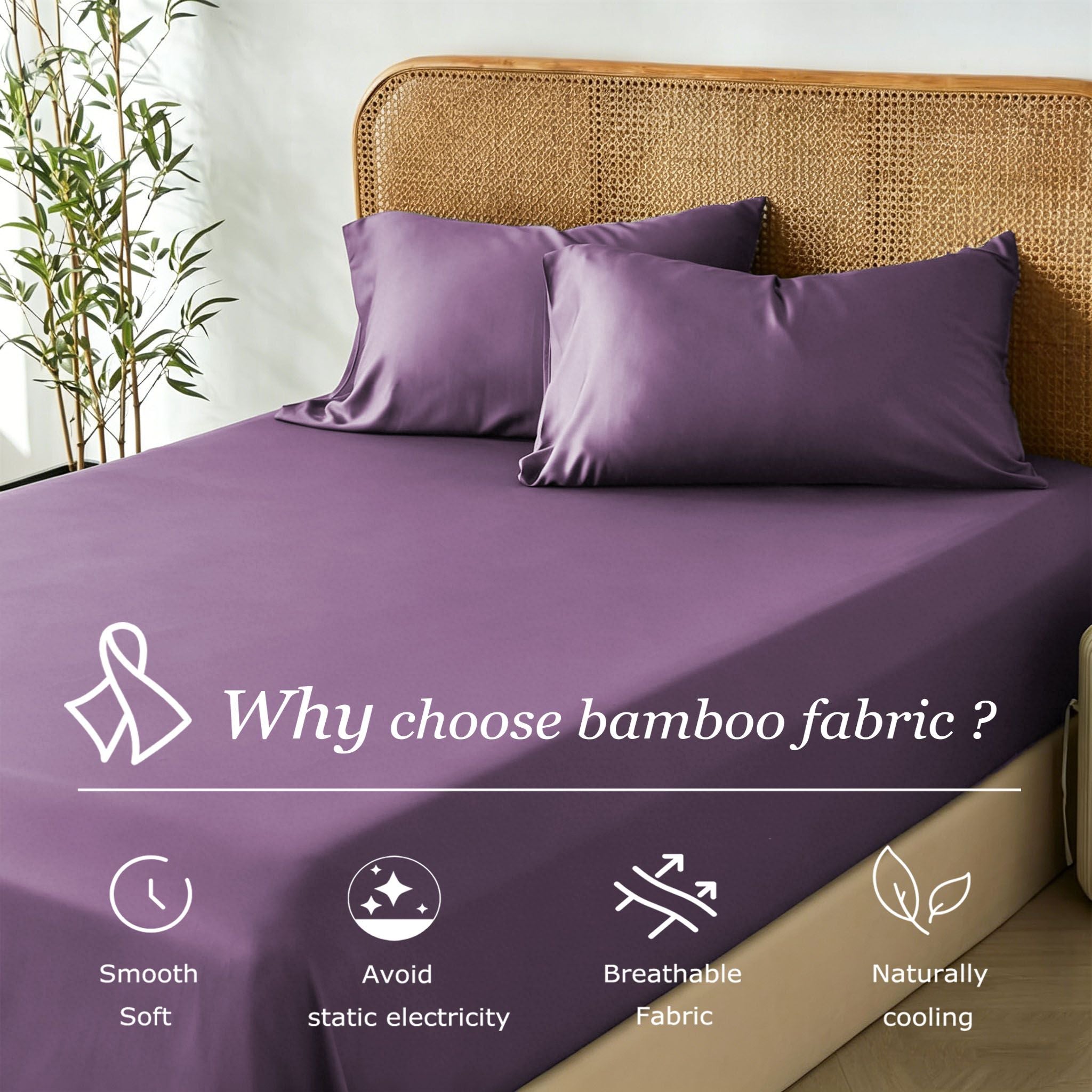 3 Piece Hotel Bamboo Cooling Fitted Sheet Set & Pillowcase -Ultra Soft 2000TC Breathable Fitted Bed Sheets Set with 37 Centimetre Deep Pocket-Cooling Sheets for Hot Sleepers(Purple,Super King)