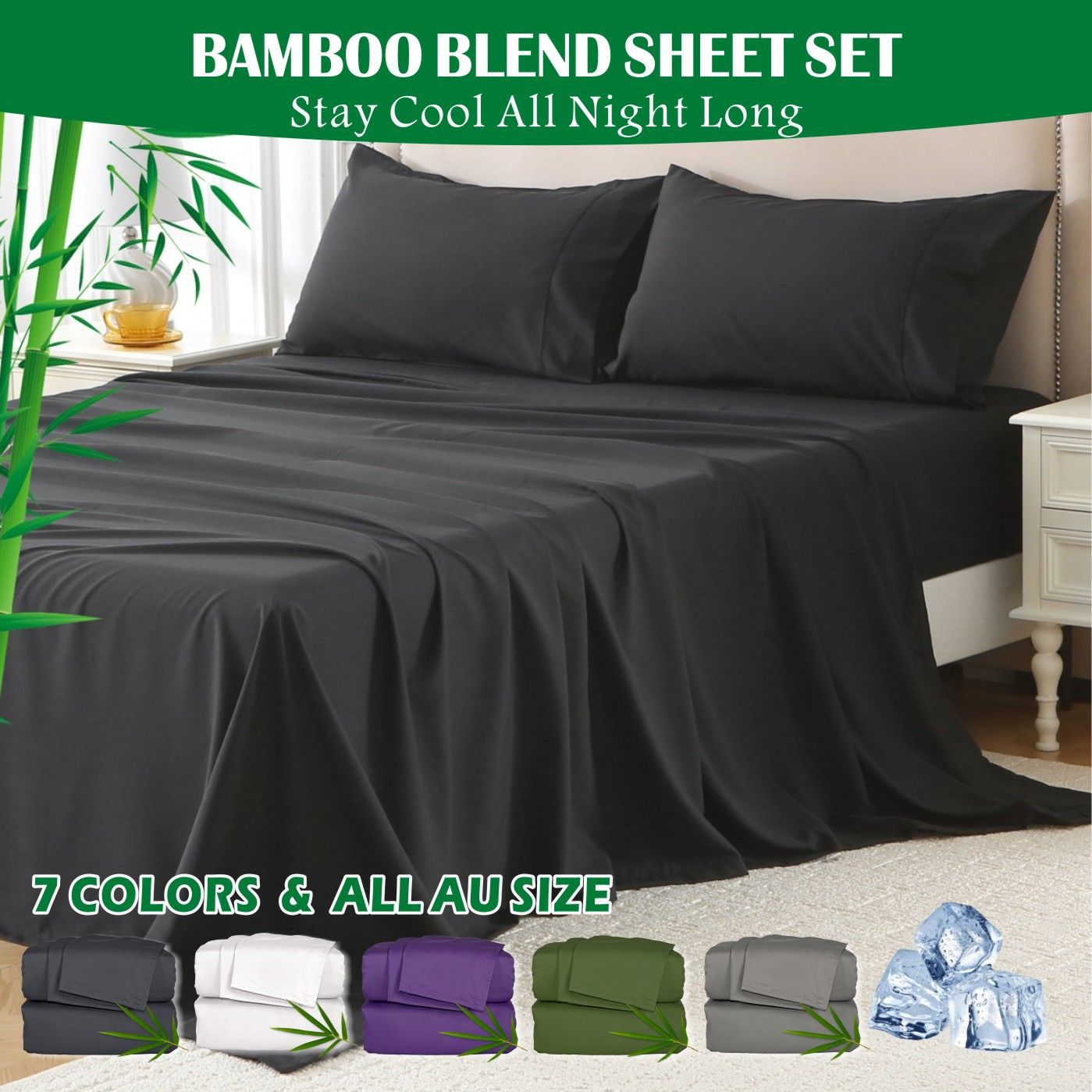 4 Piece Hotel Bamboo Cooling Sheet Set -Ultra Soft 2000TC Breathable Bed Sheets Set with 37 Centimetre Deep Pocket-Cooling Sheets for Hot Sleepers(Black,Super King)