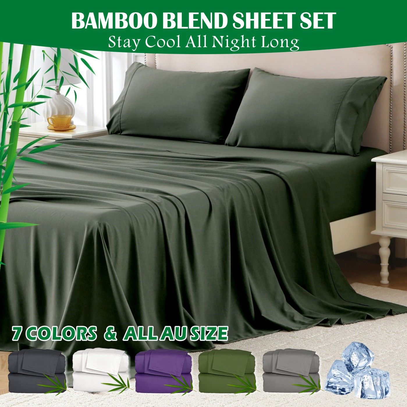 4 Piece Hotel Bamboo Cooling Sheet Set -Ultra Soft 2000TC Breathable Bed Sheets Set with 37 Centimetre Deep Pocket-Cooling Sheets for Hot Sleepers(Olive green,Super King)