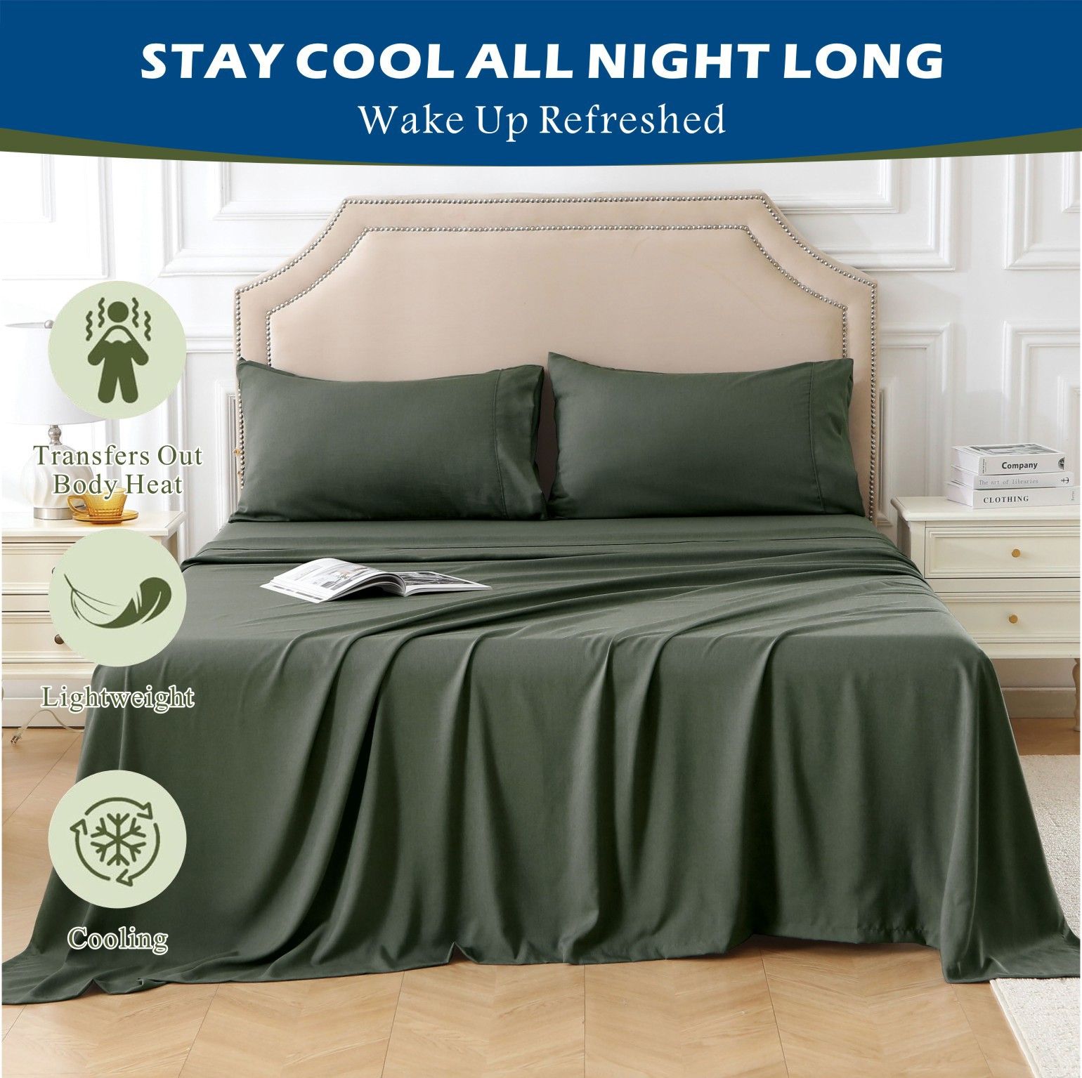 4 Piece Hotel Bamboo Cooling Sheet Set -Ultra Soft 2000TC Breathable Bed Sheets Set with 37 Centimetre Deep Pocket-Cooling Sheets for Hot Sleepers(Olive green,Super King)