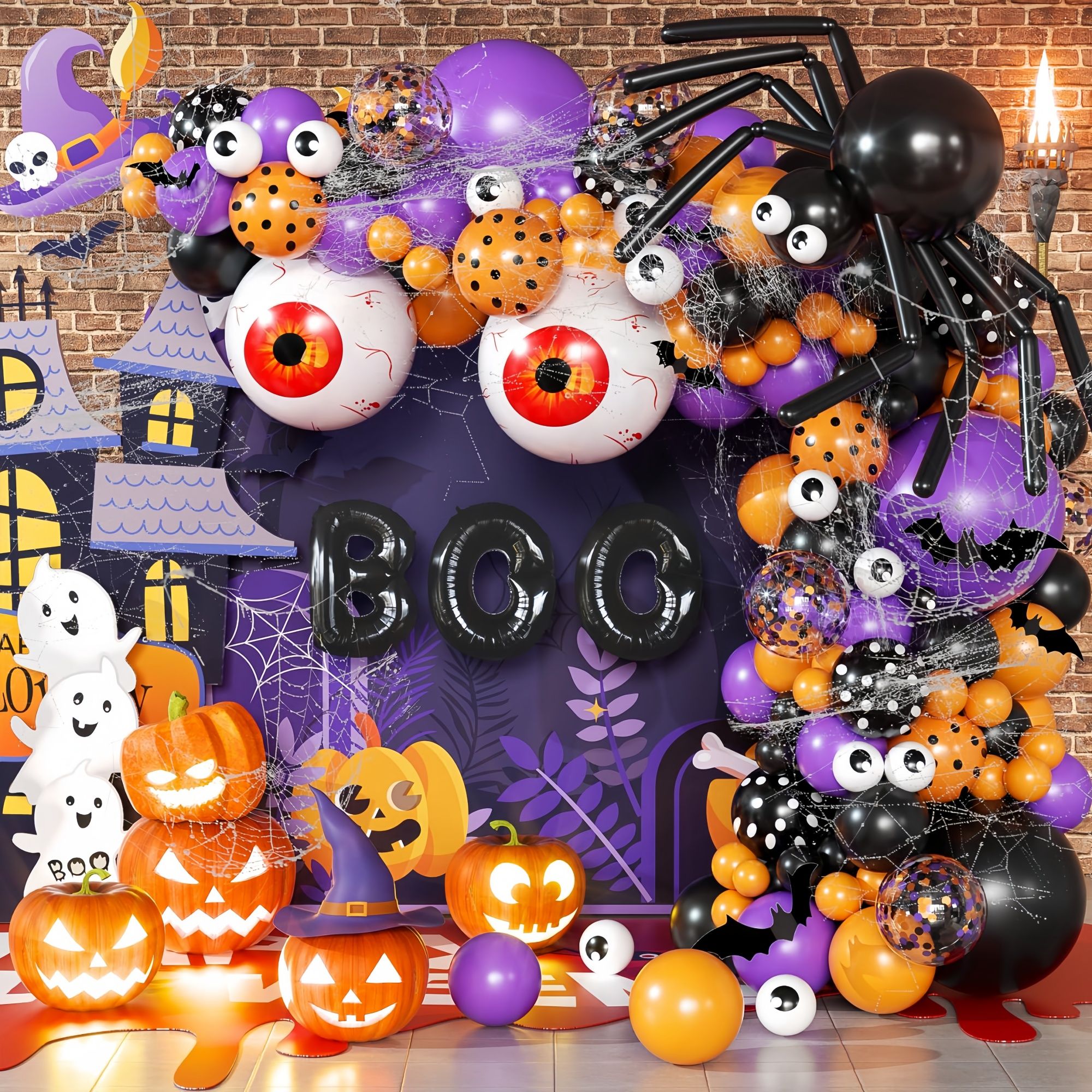 Halloween Decoration Set – Light-Up Pumpkin Lamp,128 Pcs Halloween Party Balloon Garland Arch Kit & Hand Pump for Indoor Outdoor Halloween Porch,Fireplace Funny Decor