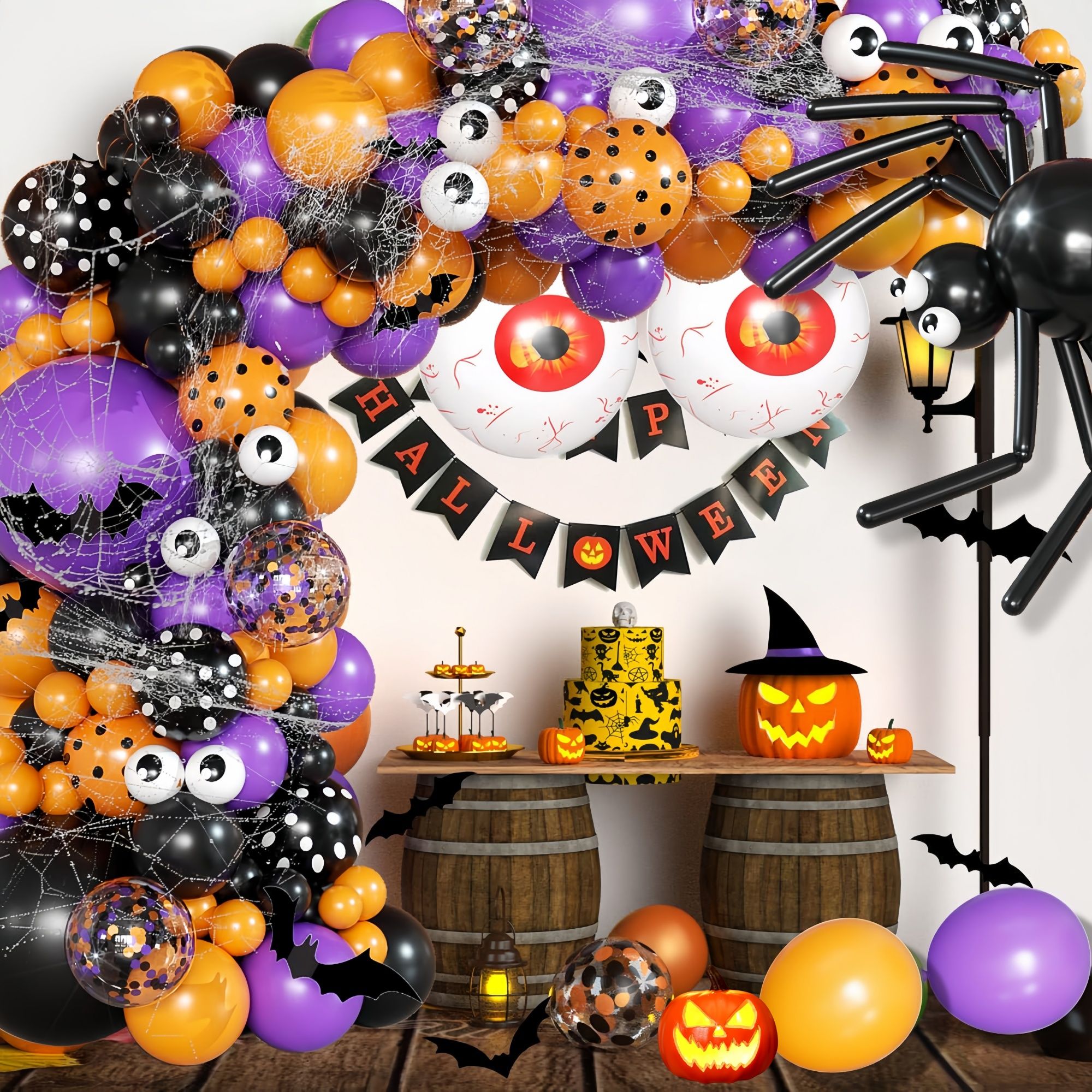 Halloween Decoration Set – Light-Up Pumpkin Lamp,128 Pcs Halloween Party Balloon Garland Arch Kit & Hand Pump for Indoor Outdoor Halloween Porch,Fireplace Funny Decor