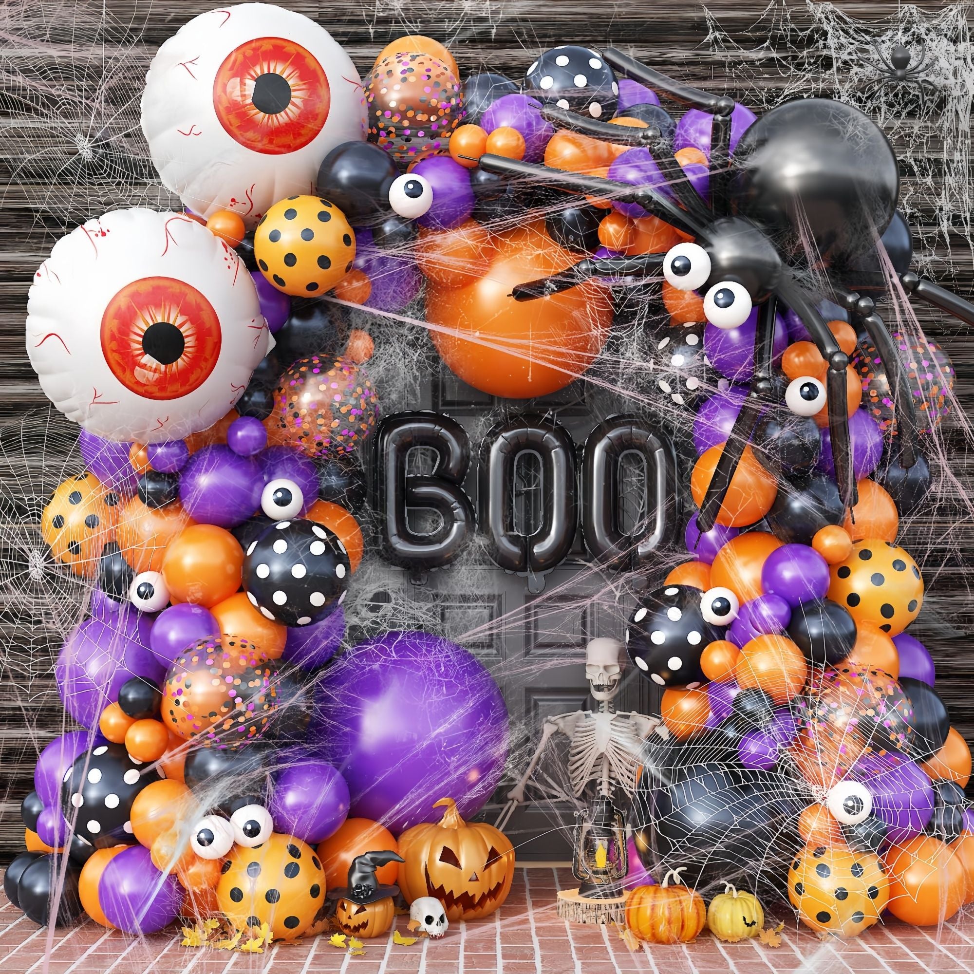 Halloween Decoration Set – Light-Up Pumpkin Lamp,128 Pcs Halloween Party Balloon Garland Arch Kit & Hand Pump for Indoor Outdoor Halloween Porch,Fireplace Funny Decor