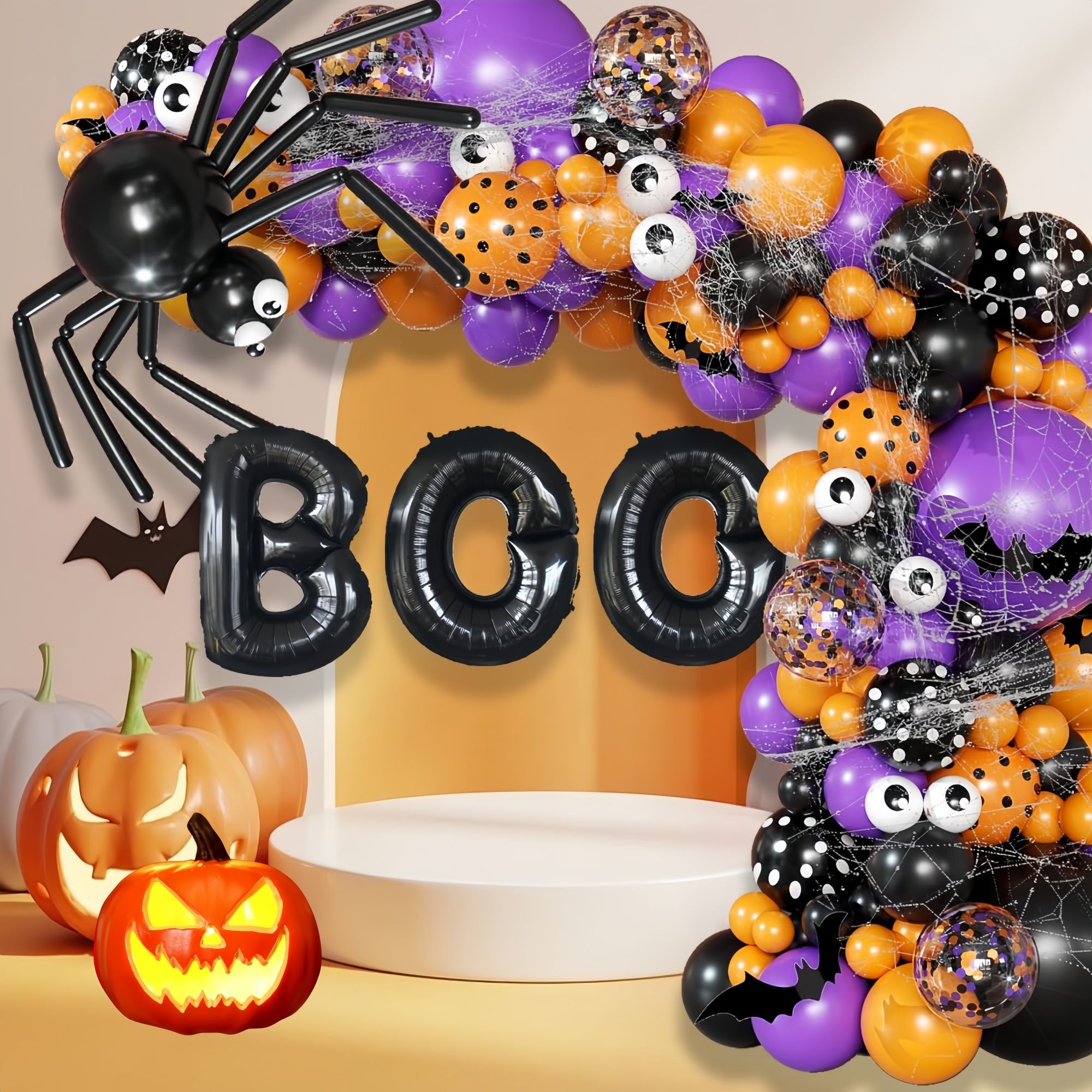 Halloween Decoration Set – Light-Up Pumpkin Lamp,128 Pcs Halloween Party Balloon Garland Arch Kit & Hand Pump for Indoor Outdoor Halloween Porch,Fireplace Funny Decor