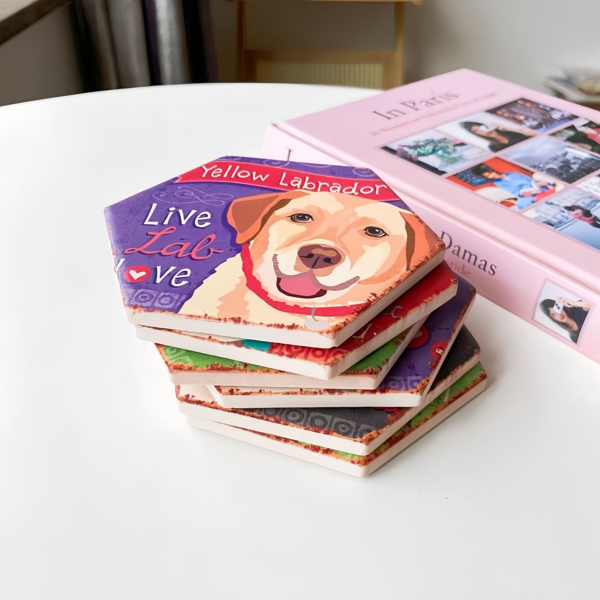 Drink Coasters Set of 6 with Holder,Cute Dog Absorbent Ceramic Coasters with Cork Base,Flexible Durable Non-Slip Hot,Tabletop Protection Mat for Table,Office,Desk,Bar,Gift